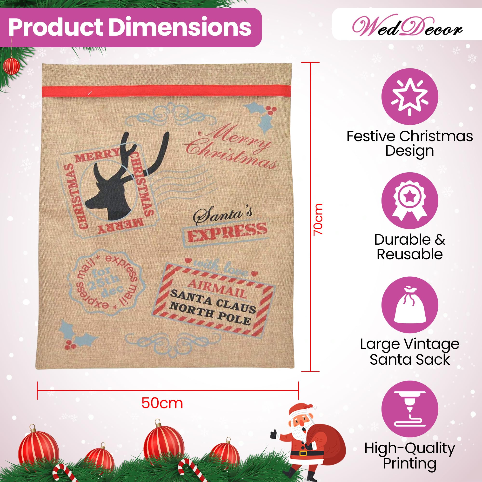 WedDecor Lot de 12 grands sacs cadeaux de Noël pour enfants - 50 x 70 cm