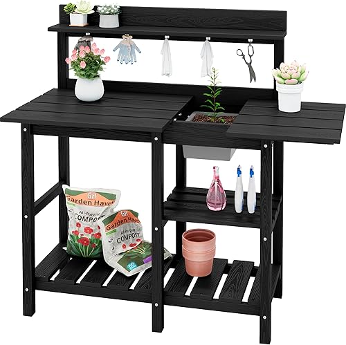 Miniatura 14 de SERWALL Banco para macetas al aire libre con fregadero extraíble, mesa para macetas de polietileno de alta densidad resistente a la putrefacción