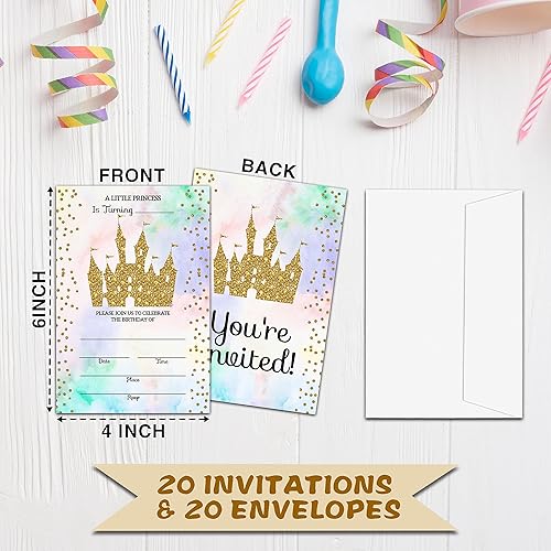 Miniatura 2 de Tarjetas de invitaciones de cumpleaños de castillo de princesa para niñas, invitaciones de relleno de purpurina dorada de doble cara, suministros