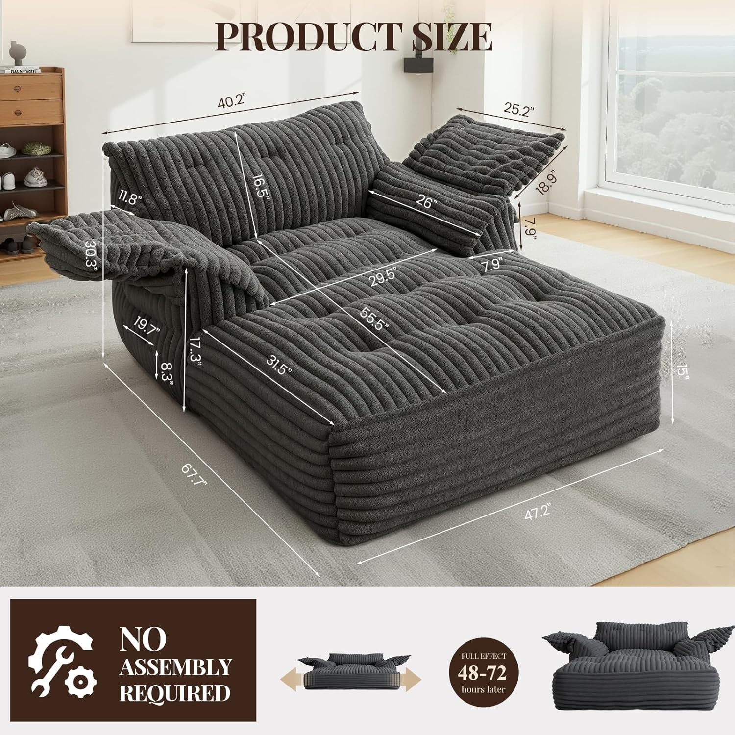 67.7" Oversized Boneless Chaise Lounge Chair Indoor, Faux Fur Upholstered Cloud Couch, Deep Seat Sleeper Sofa Bed with Armrest, Comfy Reading Chairs for Living Room, Bedroom, Dark Grey