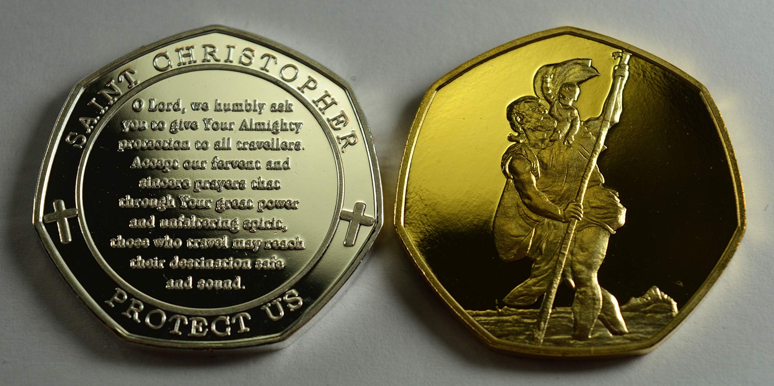 Pair of ST CHRISTOPHER & SAFE PASSAGE TRAVELLERS PRAYER Silver & 24ct Gold Commemorative Coins Albums/50p Collectors, Coin Hunt.
