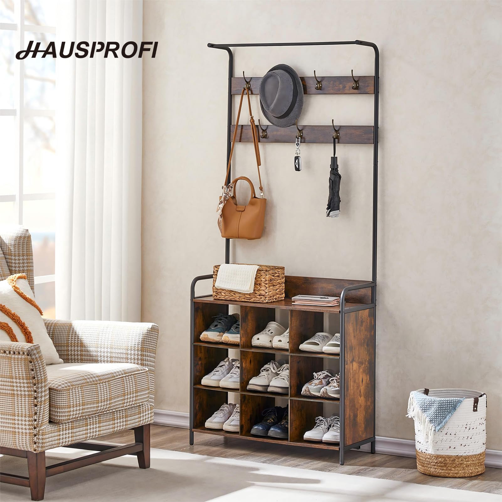HAUSPROFI Garderobe mit Schuhablage, Kleiderstange, 7 Haken, 9 offenen Ablagen, Industriedesign, für Eingangsbereiche und Flure, Retrobraun, 78,7 x 29,2 x 180,3 cm (L x B x H)