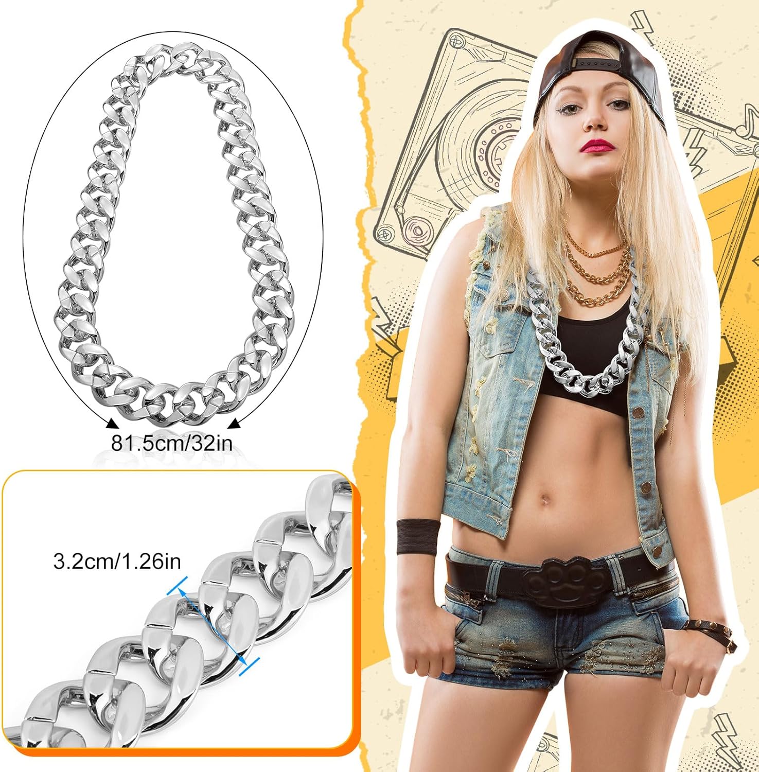 Inbagi 24 Pcs Big Chunky Faux Rapper Chain for 80s 90s Punk Style Halloween Costume, 32 Inches Long