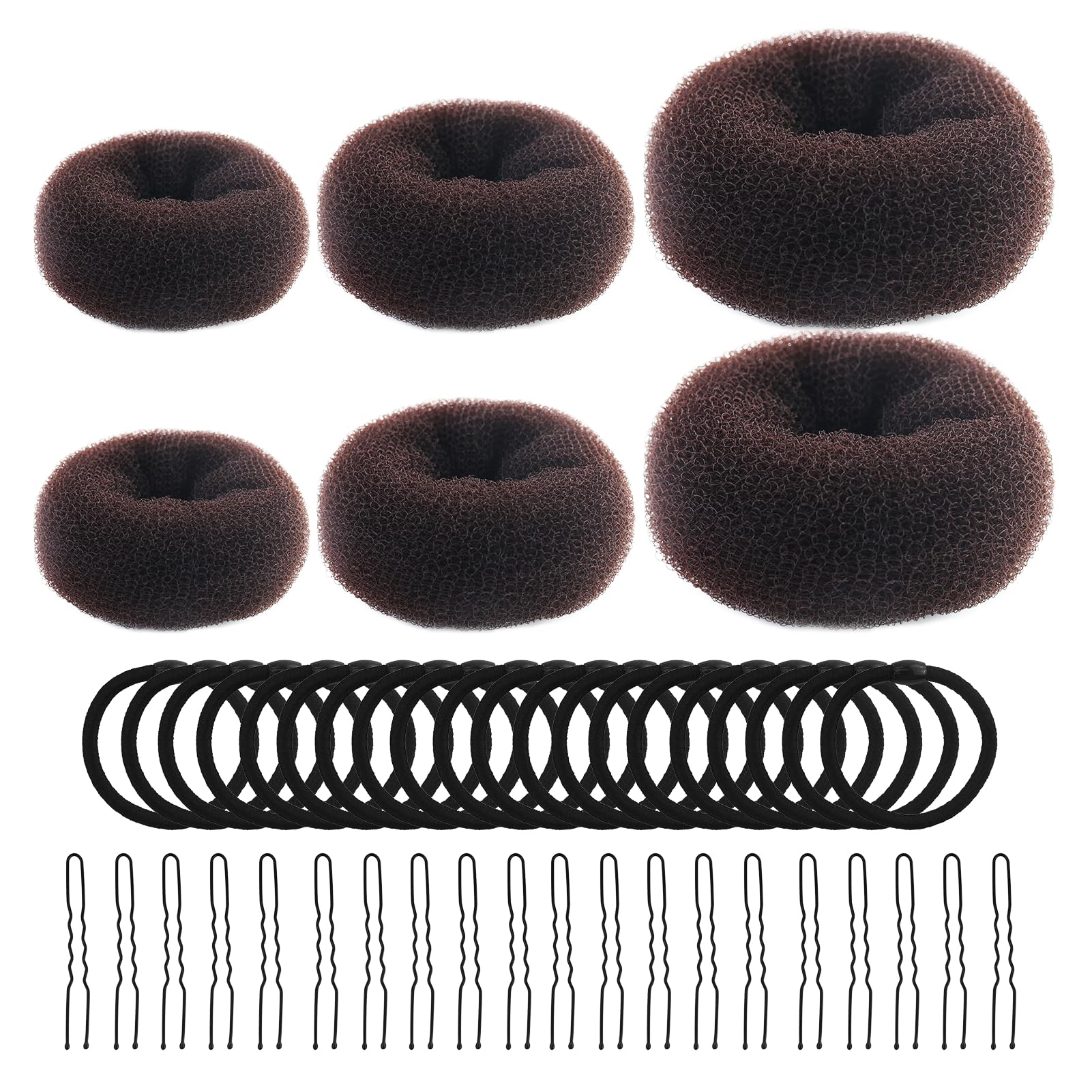 6 Pezzi Ciambella Per Chignon, ciambella chignon facile per capelli, elastico per ciambella chignon, marrone, con 20 elastici neri e 20 clip forma di U, per bambini, feste, vacanze