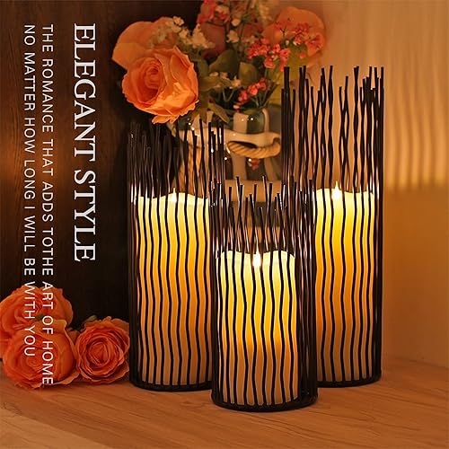Miniatura 3 de Juego de portavelas de alambre de metal negro, diseño geométrico hueco creativo para centro de mesa, chimenea, chimenea, chimenea, chimenea,