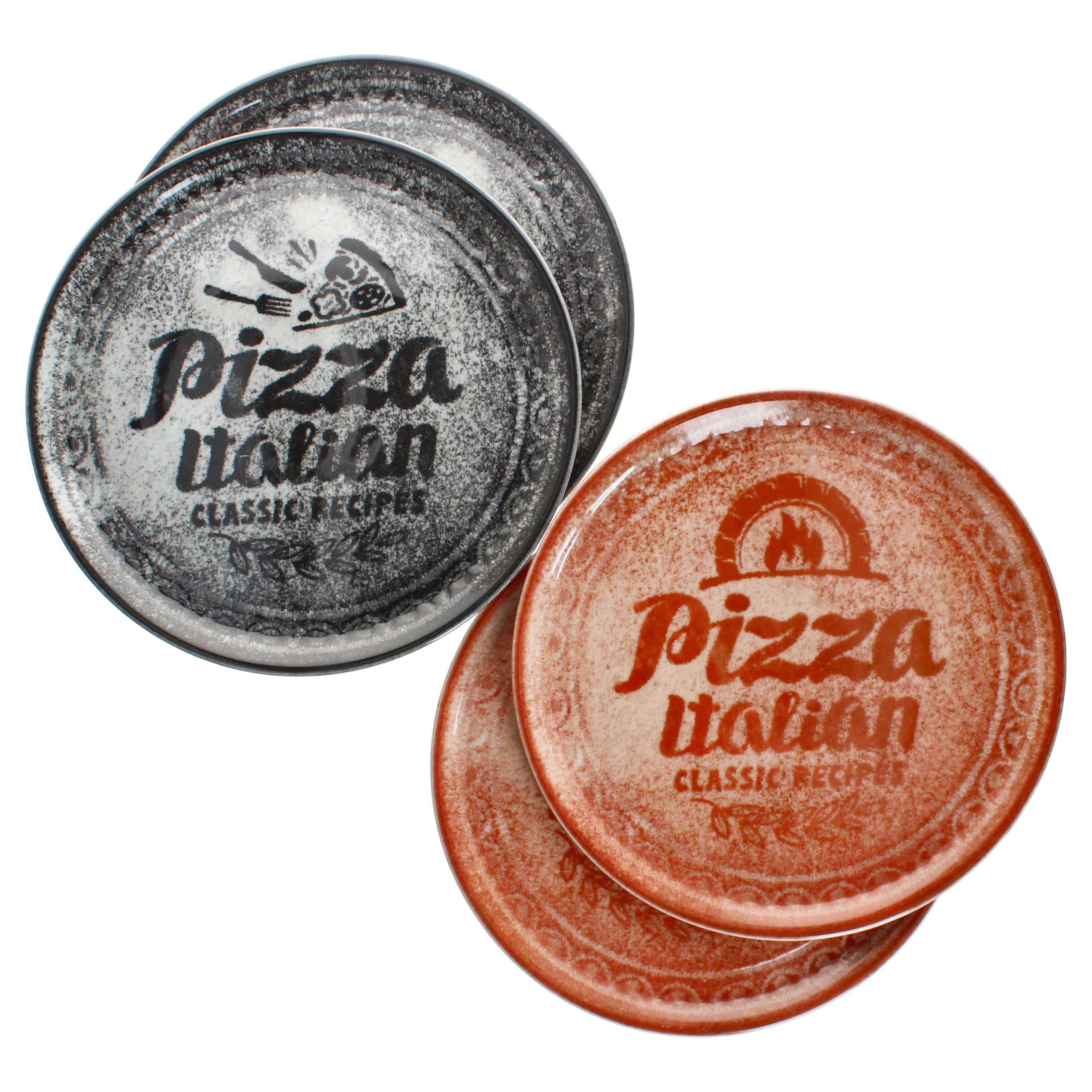 MamboCat Set di 4 piatti per pizza, rosso e nero, Ø 31 cm, per 4 persone, grandi piatti per pizza in porcellana con decorazione e scritta I per pizze o per creare, piatti da portata XL