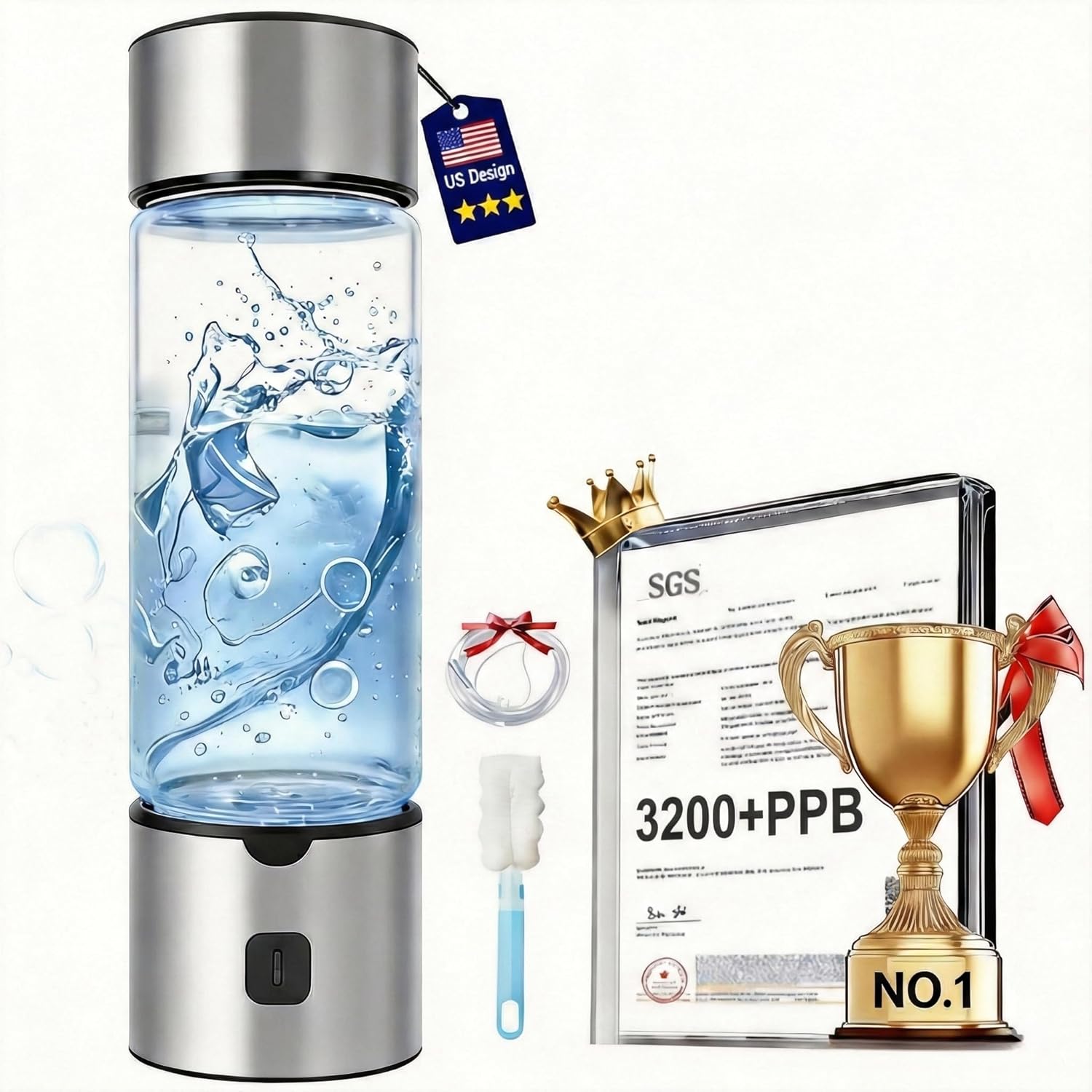 Hydro Hydrogen Water Bottle Generator, Portable Rechargeable Hydrogen Water Bottle 460ml with Advanced SPE PEM Technology 2300+ PPB, Hydrogen Water Ionizer Machine for Home/Office/Travel