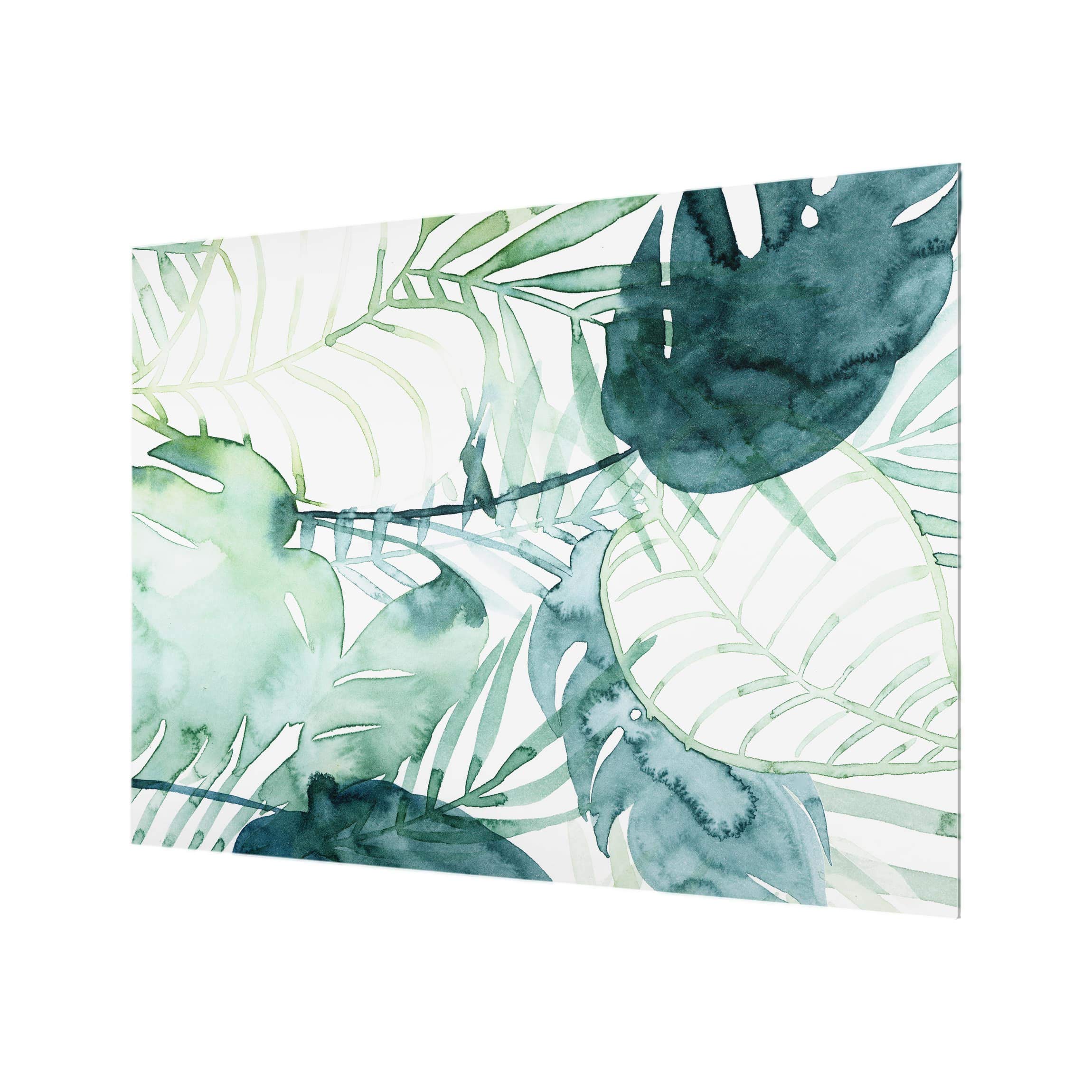 Fond de hotte avec support épaisseur 4mm à motifs crédence cuisine plantes verre trempé panneau mural vert crédence en verre aquarelle style tropical cuisine 3342 (80x59cm)