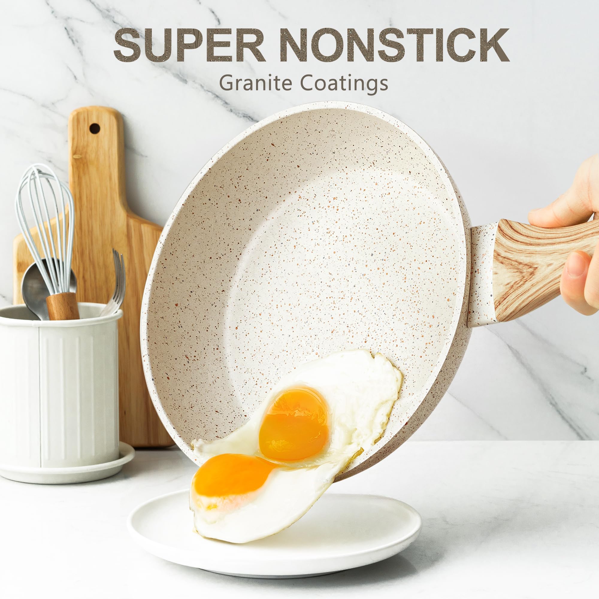 MICHELANGELO 20cm Frying Pan with Lid, Small Pan with Nonstick Stone Coating, Healthy & Non-Toxic, Cream White - Image 2