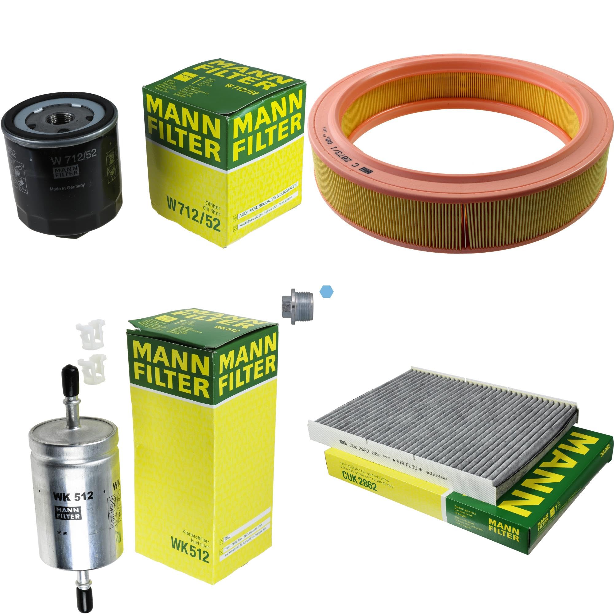 Paquete de inspección Kit de mantenimiento de filtros con filtro de aceite W 712/52, filtro de aire C 2873/1, filtro de combustible WK 512, filtro de habitáculo CUK 2862, tornillo de cierre