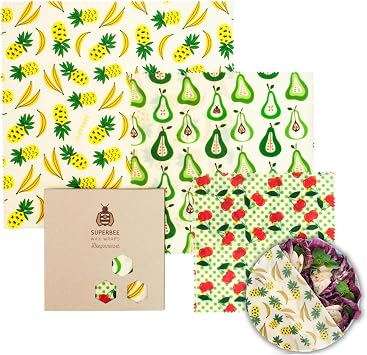 SUPERBEE Beeswax Wrap for Food, Set of 3 Bees Wax Wraps, Reusable Bees Paper for Wrapping Vegetables, Cheese, Bowl Covers and Sandwich Wrapping Paper, Beeswax Food Wraps Fruit Punch