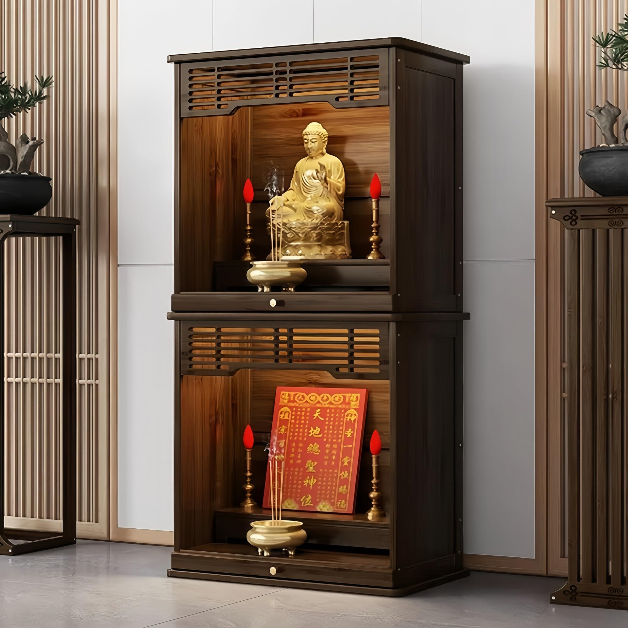 AOCDNEK Bamboo Buddhist Altar Table with Pull-Out Trays, 2-Tier Shrine Altar Table for Buddha Statue, Pooja Table, Meditation Prayer Table(16.9 in/43 cm)
