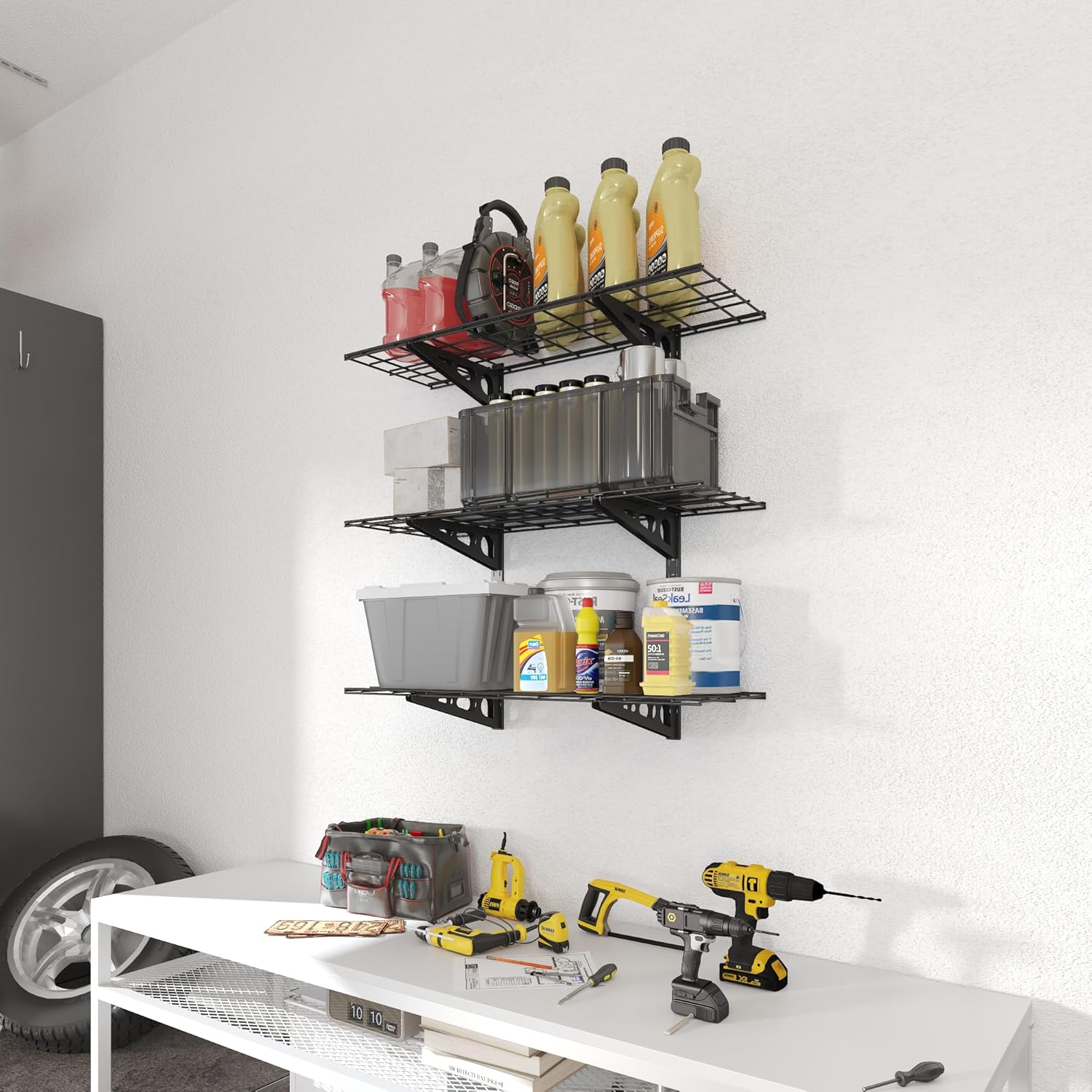 FLEXIMOUNTS 3 Tier 1x3ft Garage Storage Wall Shelving, 12x36inch per Shelf Height Adjustable Floating Shelves, 450lbs Total Weight Capacity, Black, Classic Series - Image 2