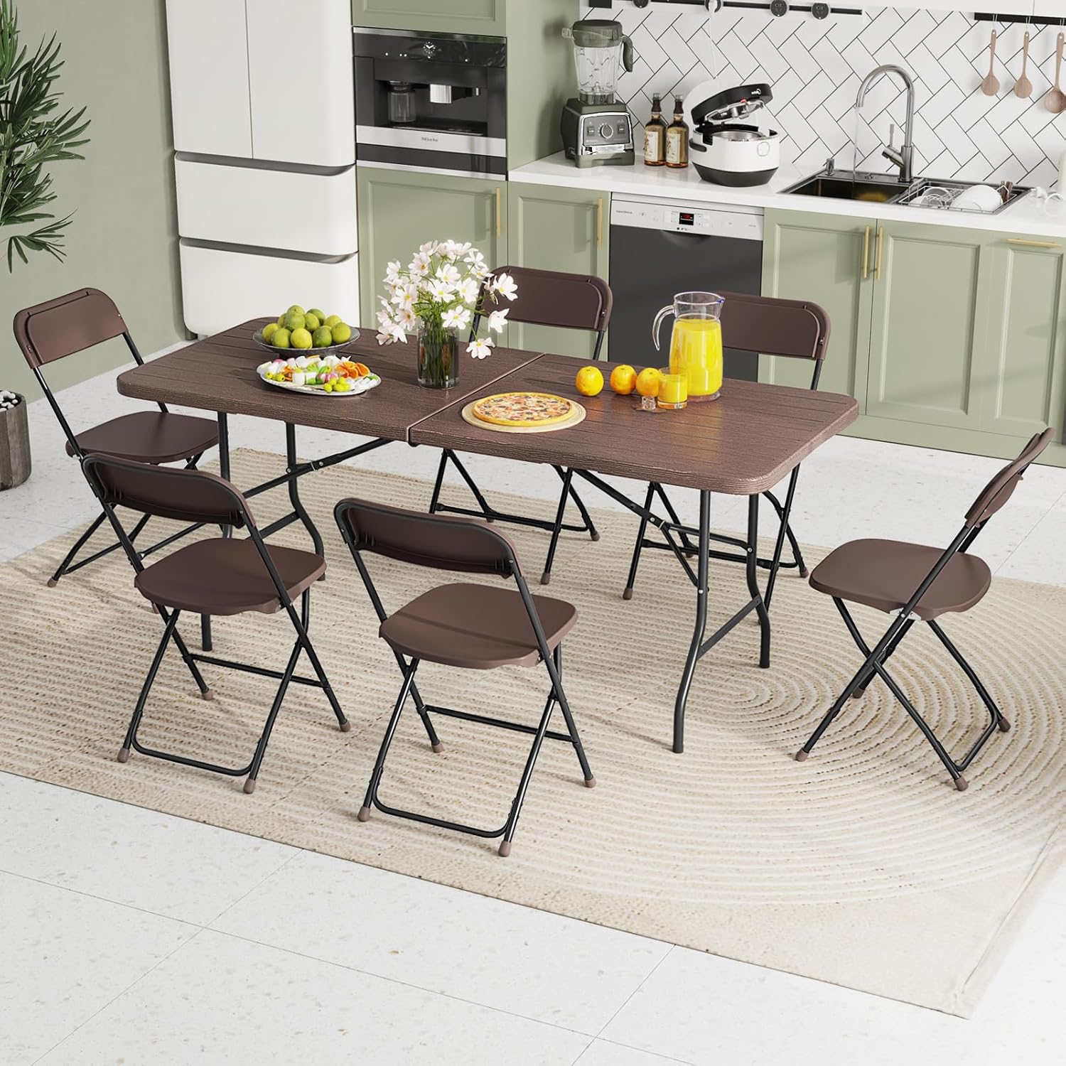 Nightcore Folding Table, HDPE Portable Table with 6ft Long Tabletop, Metal Frame Picnic Camping Table with Safe Lock, Collapsible Dining Table for Camping, Picnic, Party (Brown)