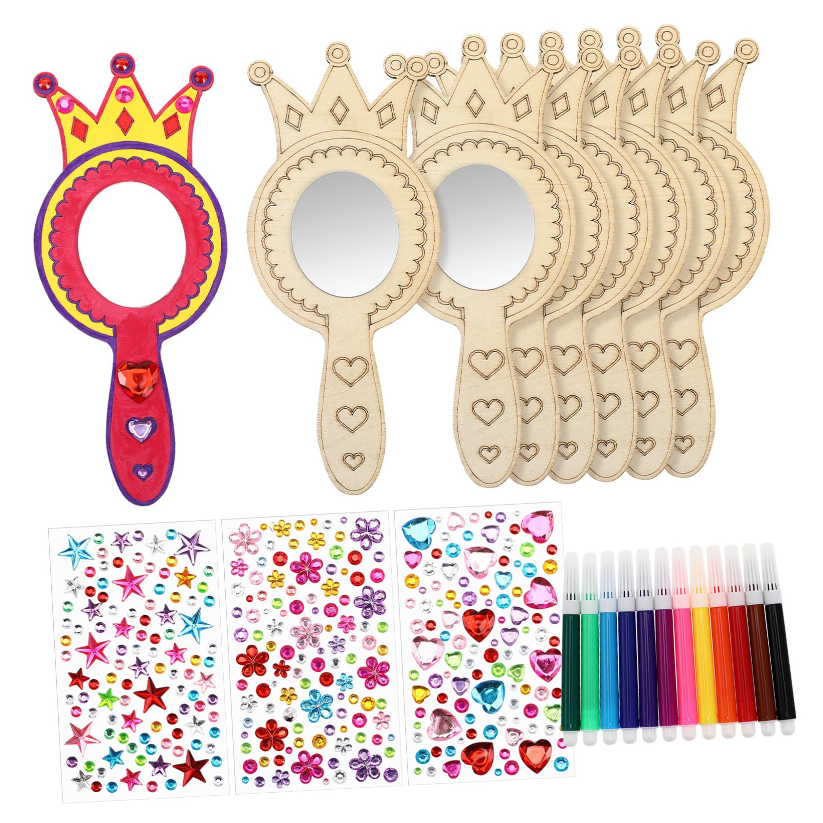 ERINGOGO DIY Graffiti Toys Handheld Mirrors Set Wooden Craft Mirrors for Kids for Crafts Paintable Princess Birthday Decorations
