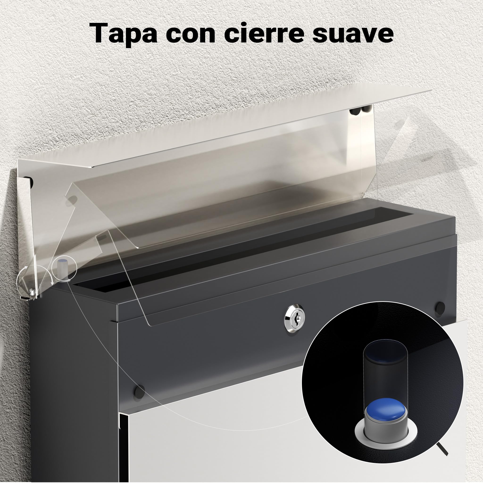Wiltec Buzón de Pared V63 de Acero Inoxidable 37 x 11 x 37 cm, con Compartimento para periódicos y Llave