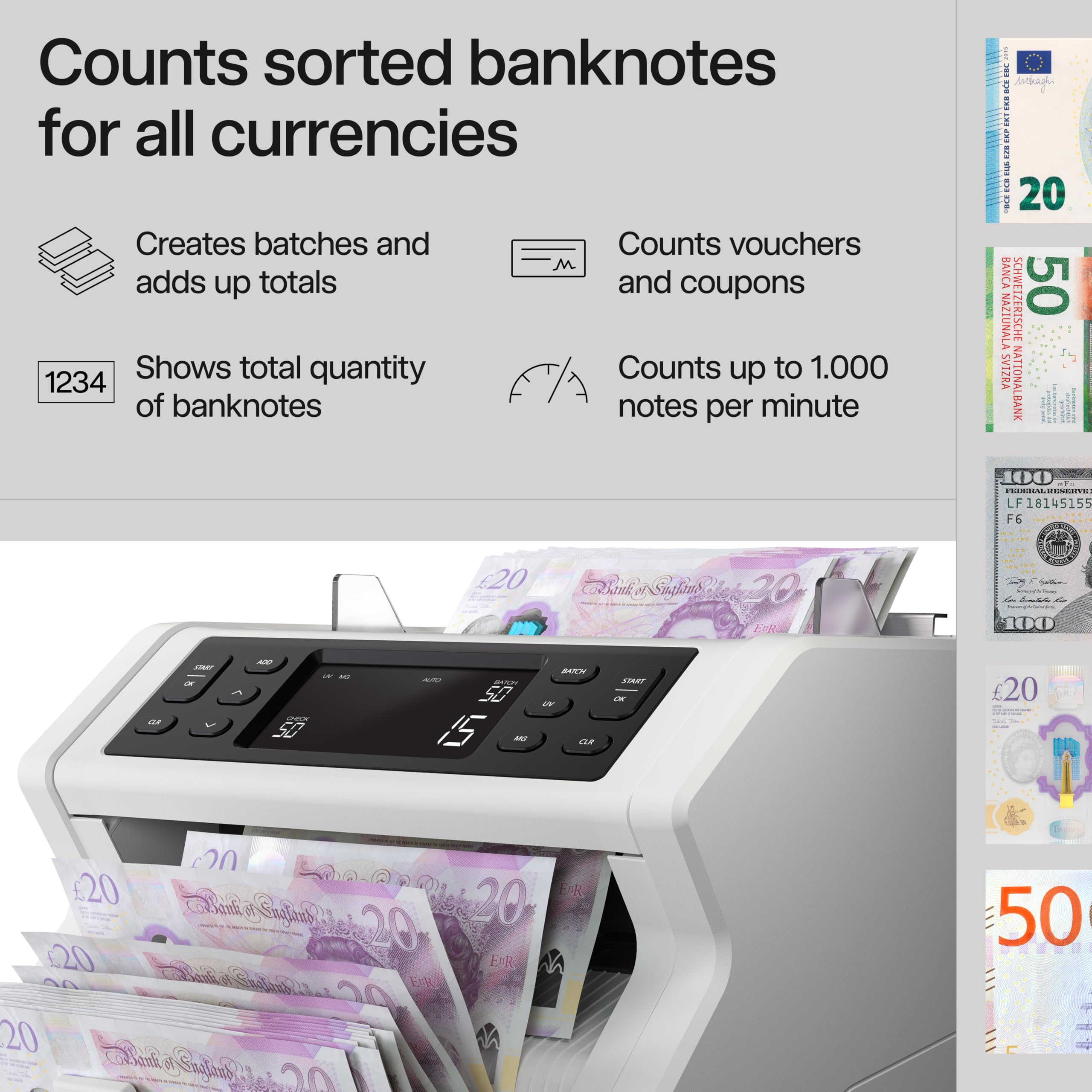 Safescan 2250 compteuse de billets qui compte les billets triés - Compteur de billets avec détection de faux billets sur 3 points - Machine à compter les billets triés de toutes les devises