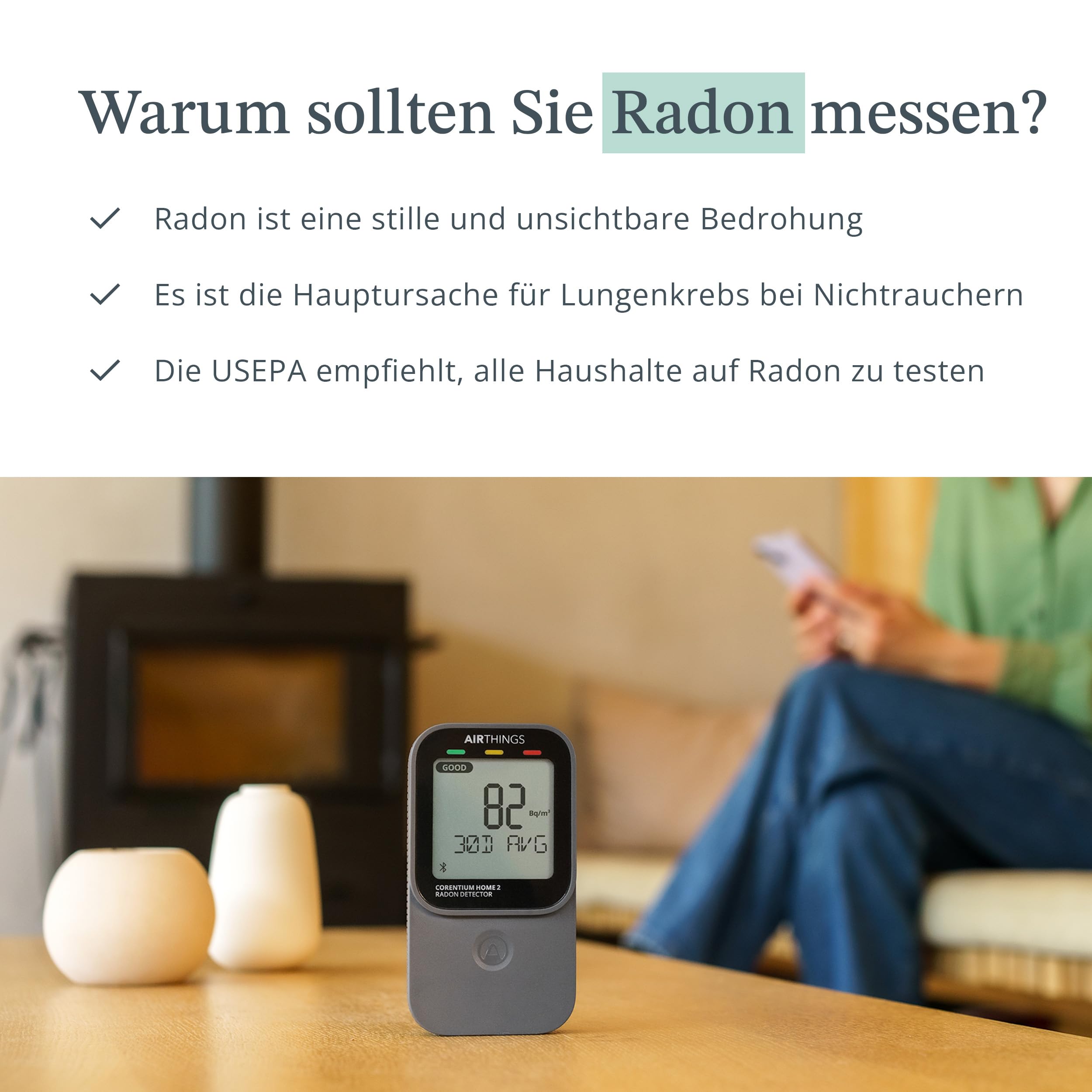 Airthings 325 Corentium Home 2 digitaler Radondetektor tragbar Bluetooth Luftfeuchtigkeit Temperatursensor