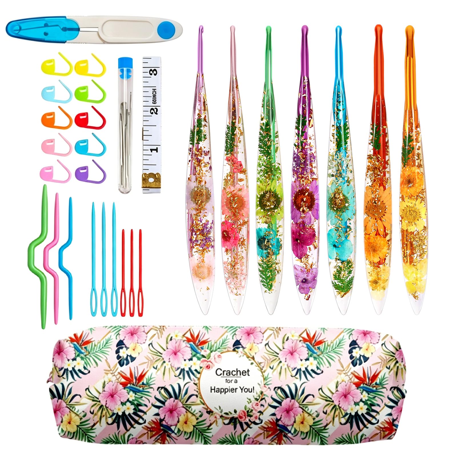 ZYNERY Set di 6 uncinetti in resina, ergonomici con impugnature in plastica floreale, dimensioni 3-6 mm (3/4/4,5/5/5,5/6 mm), include pennarelli e aghi per coperte, sciarpe, cappelli