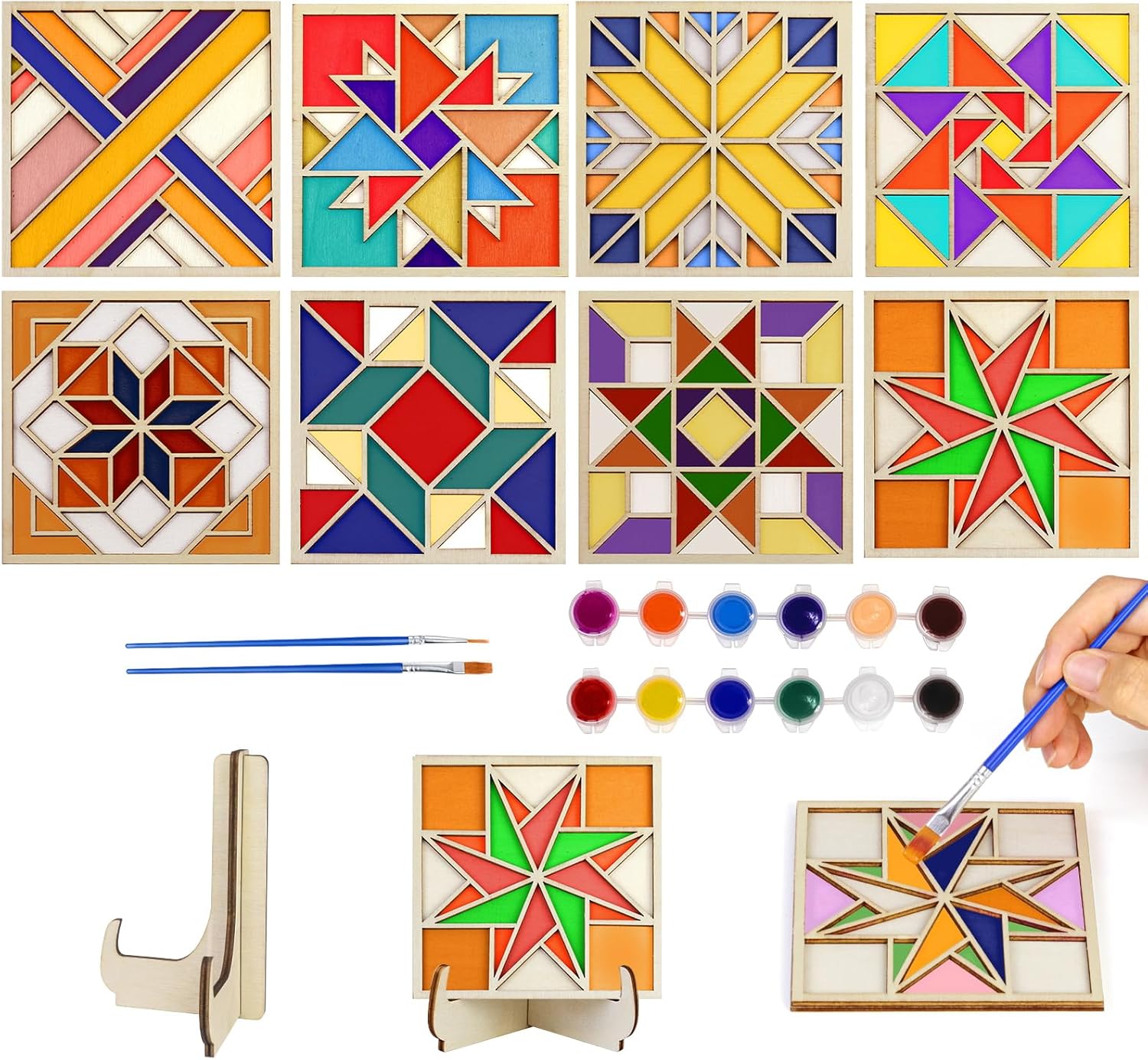 CollectHall Wooden Coasters Painting Kit with Wood Stand, Color Your Own Coaster Arts and Crafts DIY Kit for Adults, Teens & Seniors - Ideal Gift for Beginners, Women & the Elderly (Barn Quilt)