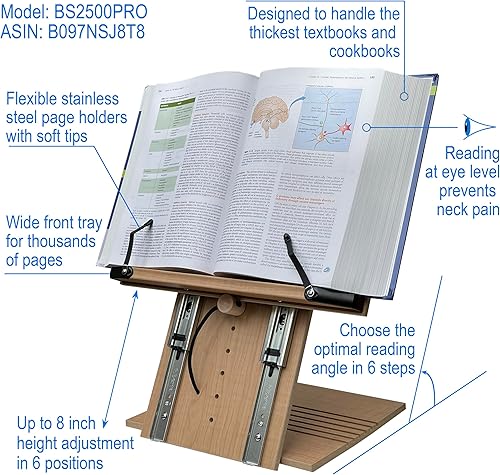 Miniatura 2 de BS2500PRO XL - Soporte para libros de texto universitarios grandes y gruesos de 15.4 x 10.5 pulgadas, altura ajustable, plegable, para lectura,