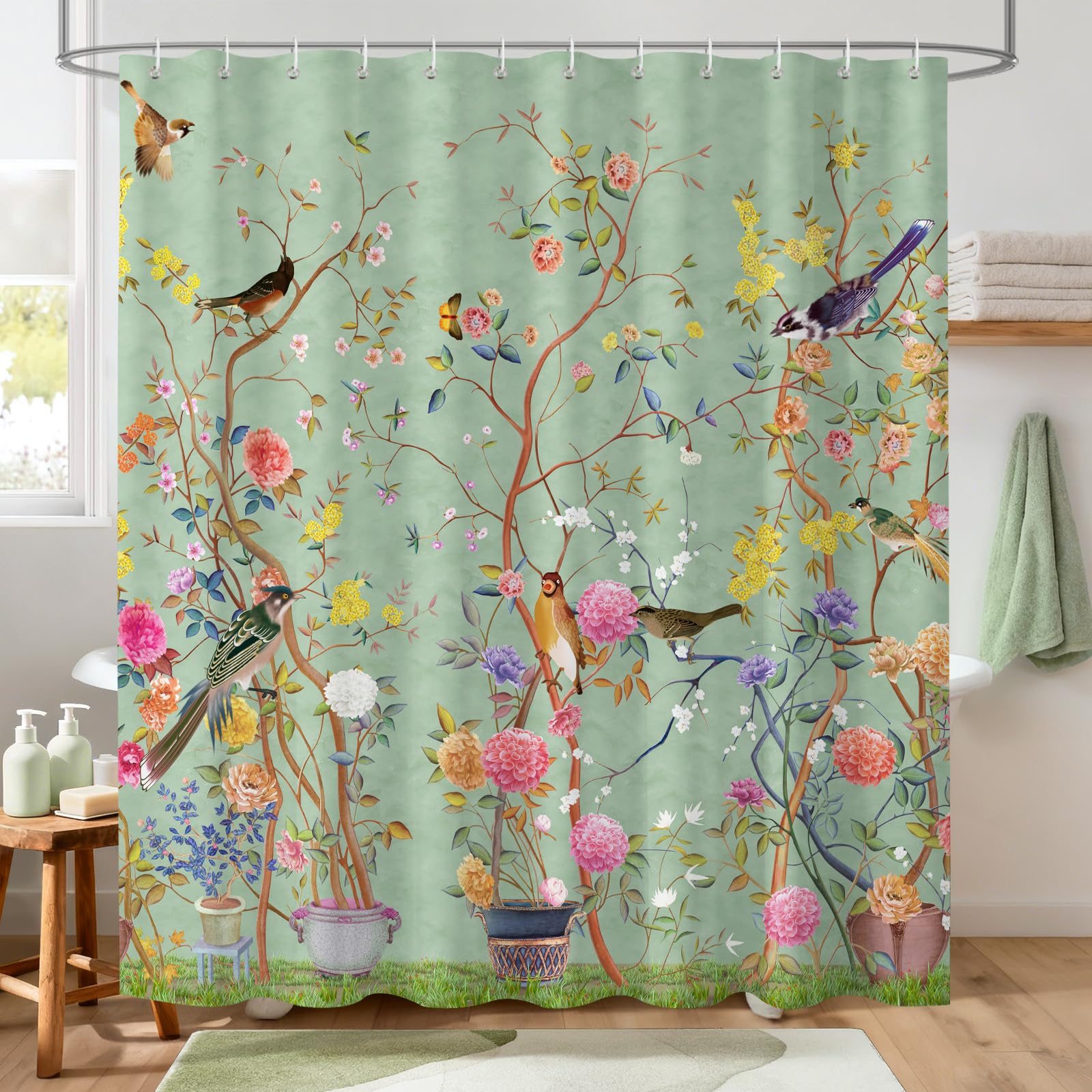 Hopomoon Kunstvoll gestalteter Duschvorhang mit grünem Hintergrund, Baum-, Vogel- und Blumenmuster, wasserfester Duschvorhang für die Badezimmerdekoration, 180 x 180 cm mit 12 Haken