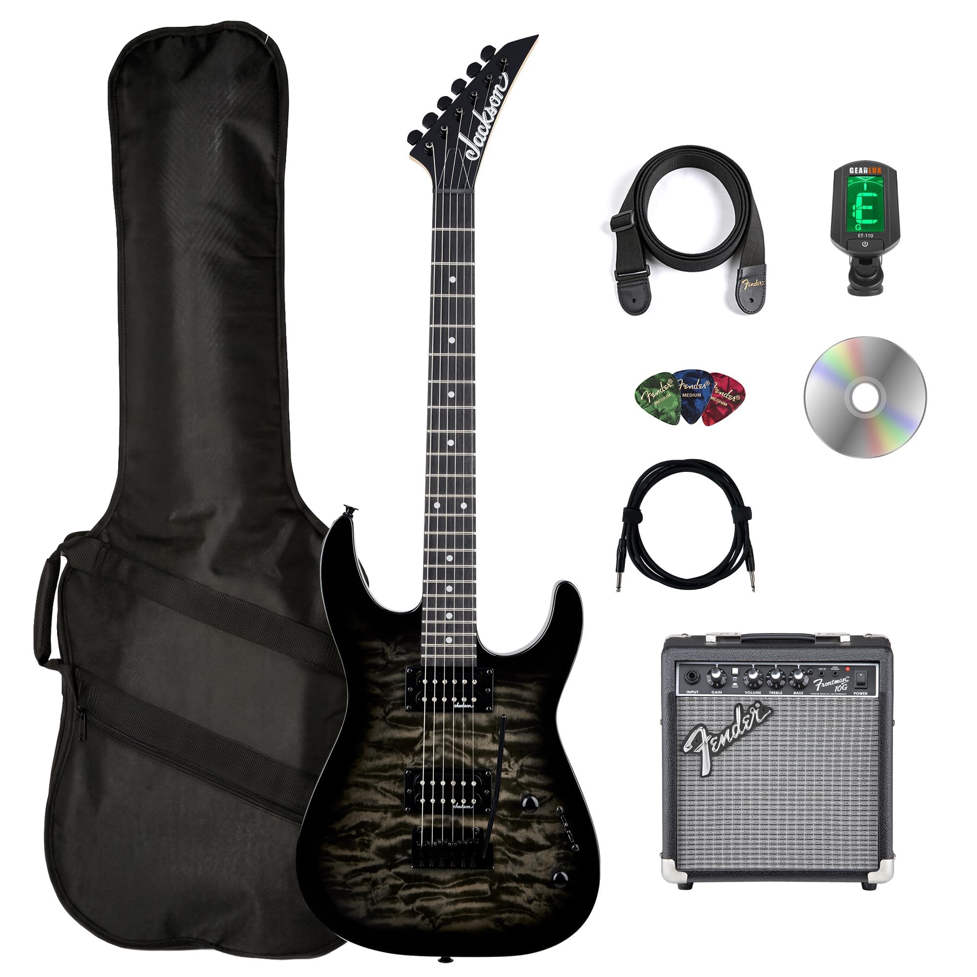 Jackson JS Series Dinky JS11Q Electric Guitar - Transparent Black Bundle with Frontman 10G Amplifier, Gig Bag, Tuner, Strap, Cable, Picks, and Austin Bazaar Instructional DVD