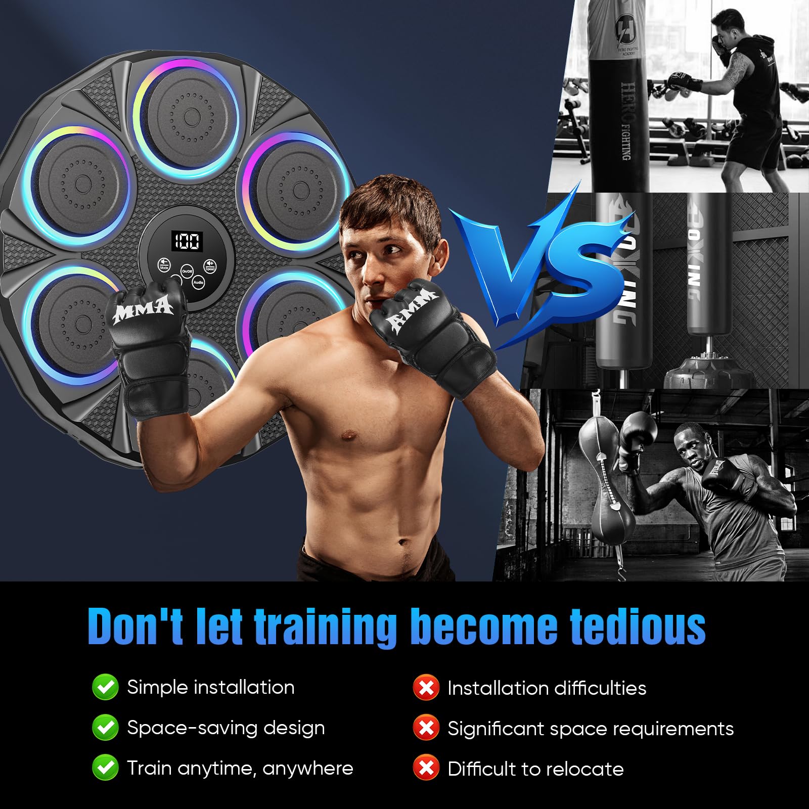 Kouamor Music Boxing Machine con guanti, 2025, macchina da boxe intelligente Bluetooth, montaggio a parete, per bambini e adulti, gioco di boxe per famiglia, 9 velocità, 9 modalità di allenamento
