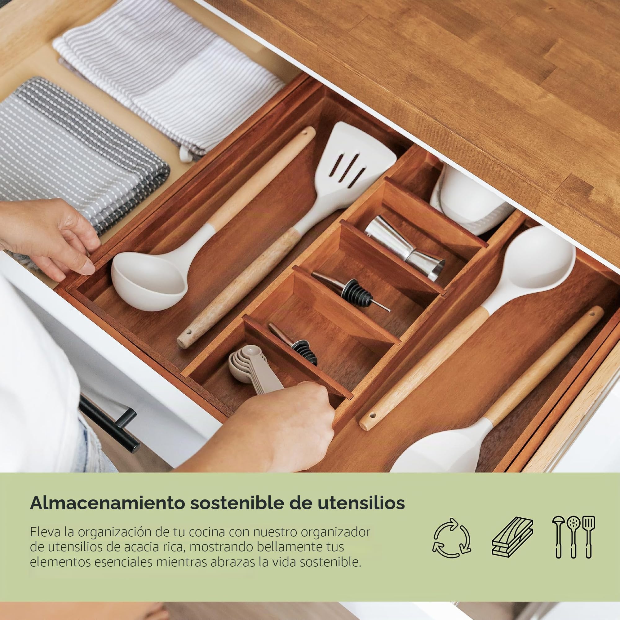 KitchenEdge Adjustable Kitchen Drawer Organiser for Utensils and Junk, Expandable to 33 Inches Wide, 9 Compartments, 100% Bamboo