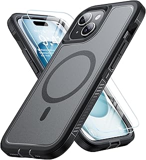 JAME Magnetic iPhone 15用 ケース ガラススクリーンプロテクター2枚付き、Magsafe対応、ミリタリーグレード保護、ハード保護カバー 耐衝撃携帯電話ケース iPhone 15、6.1インチ、ブラック