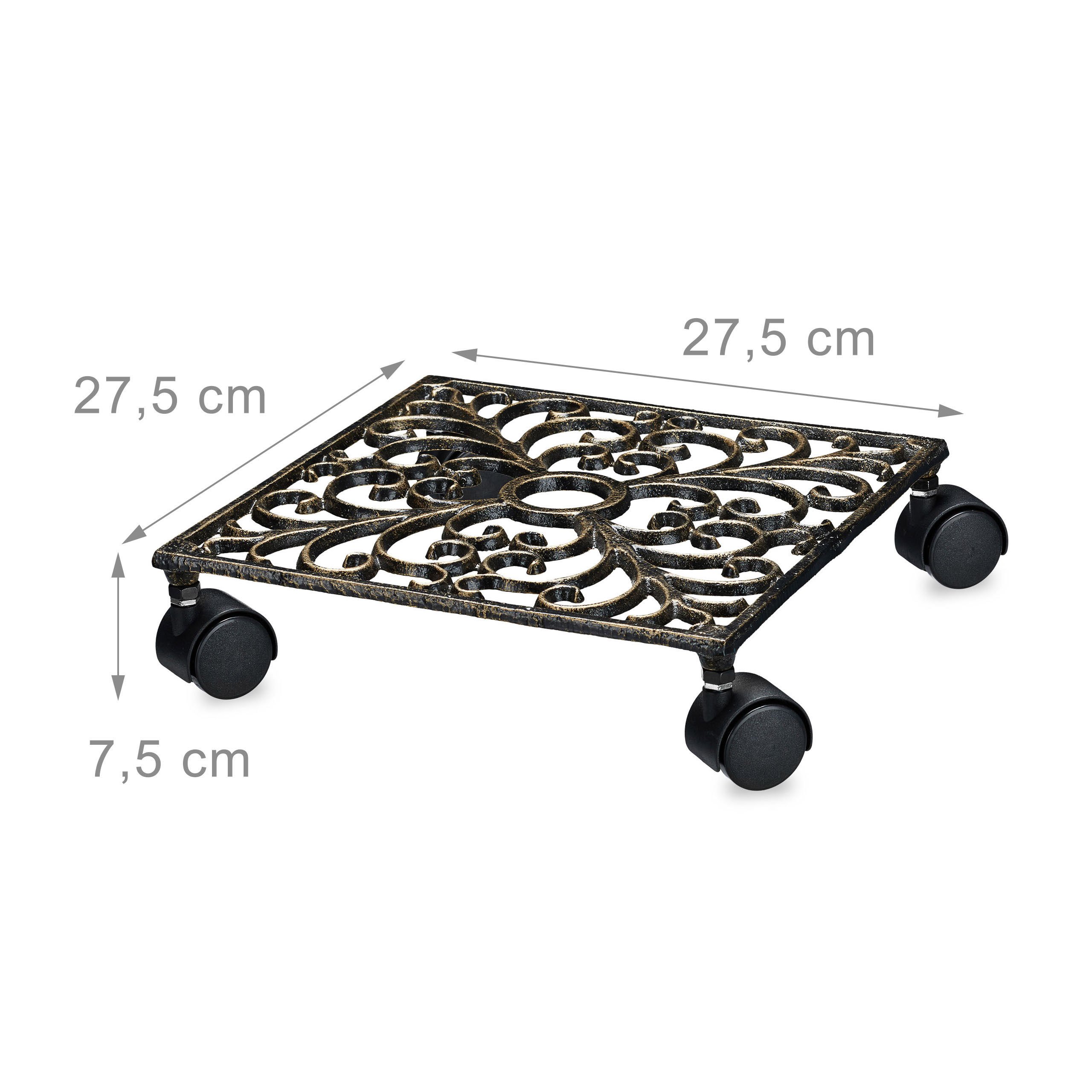 Relaxdays Carrello Portavasi Quadrato, 27,5 x 27,5 cm, Sottovaso in Metallo, 4 Ruote, Design Antico, Resistente, Bronzo