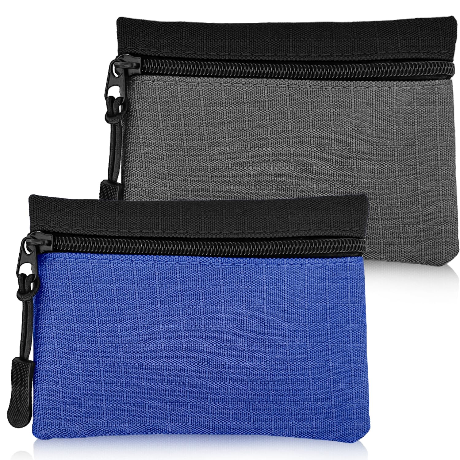 2-teiliges Münzgeldbörsen-Set, Reißverschluss-Münzbörse für Damen, Oxford-Stoff, kleines Münzgeldbörse für Mädchen und Jungen, tragbares Mini-Münztäschchen für Damen und Herren (Grau + Blau)