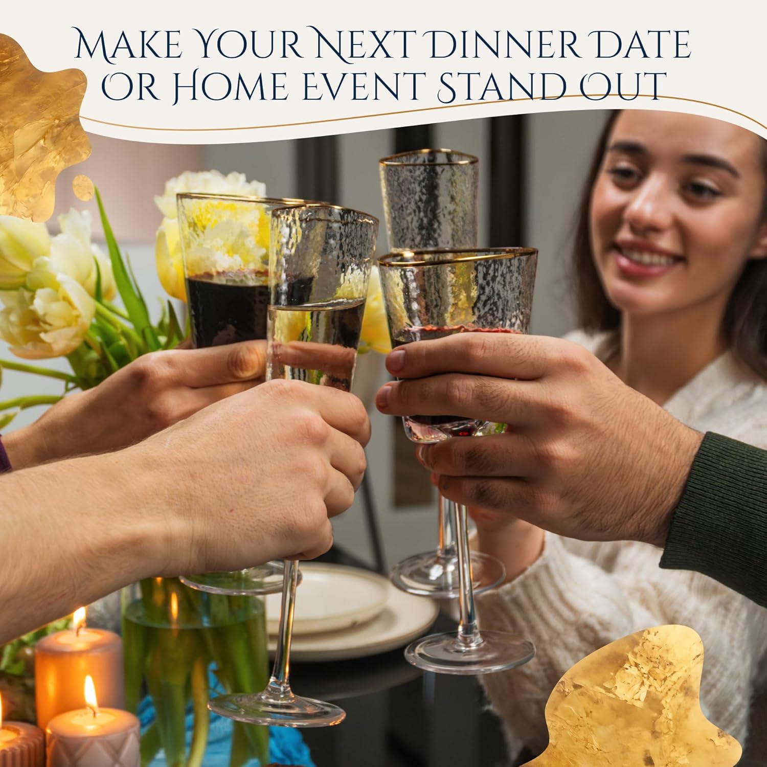 Bec's Designs Gold Rimmed Wine Glasses – Set of 4, 10oz Handblown Hammered Glass, Unique Triangular Shape – Elegant Stemware for Red, White & Champagne - Image 6