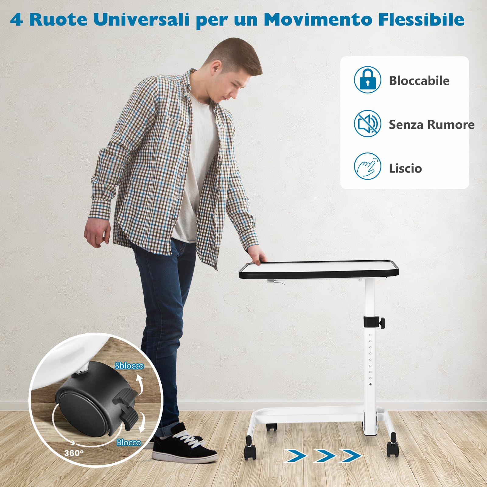 GYMAX Tavolo da Letto Tavolino Laterale con 4 Rotelle Universali, Angolo e Altezza Regolabile, Piano Inclinabile, a Forma di C, per Soggiorno, Camera da letto, Ospedale (Bianco)