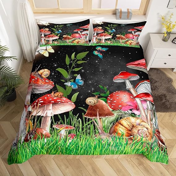 Erosebridal Mushroom Duvet Cover for Kids Boys Girls,Butterflies Flower