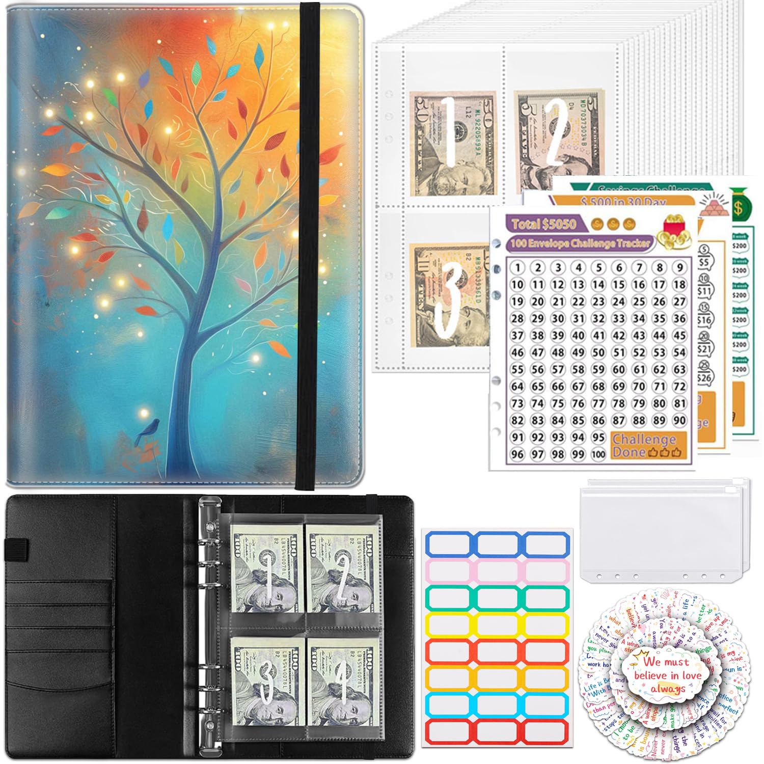 100 Envelopes Money Saving Challenge, Reusable PU Leather A5 Binder with Flexible Saving 3 Sheets Tracker $5050, $10000, $500, Cash Stuffing Binder,