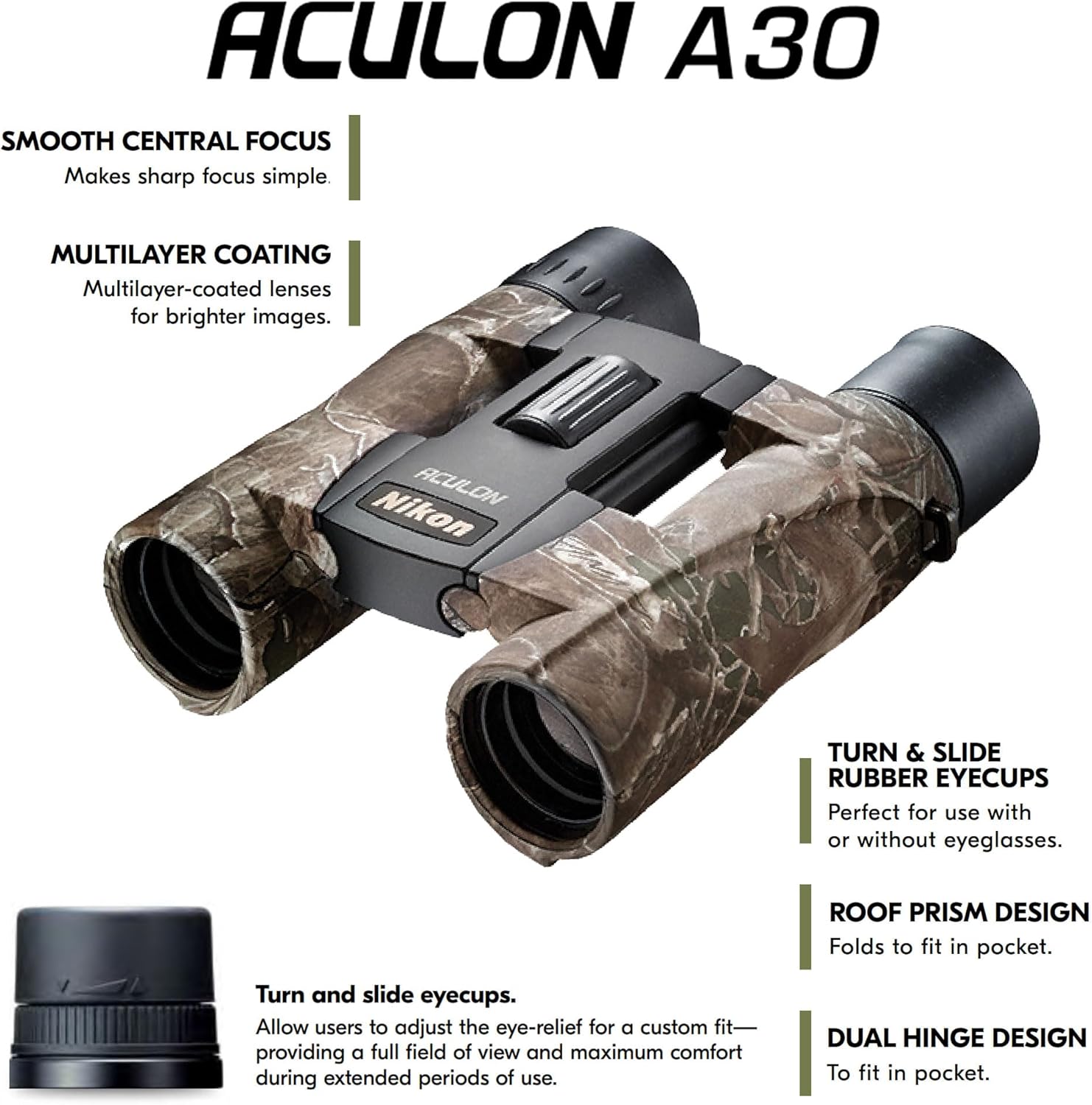 Nikon ACULON A30 10x25 Compact Binoculars - Lightweight Dual-Hinge Design, Multilayer-Coated Lenses, Smooth Central Focus, Ergonomic Grip for Hunting, Hiking, and Outdoor Adventures