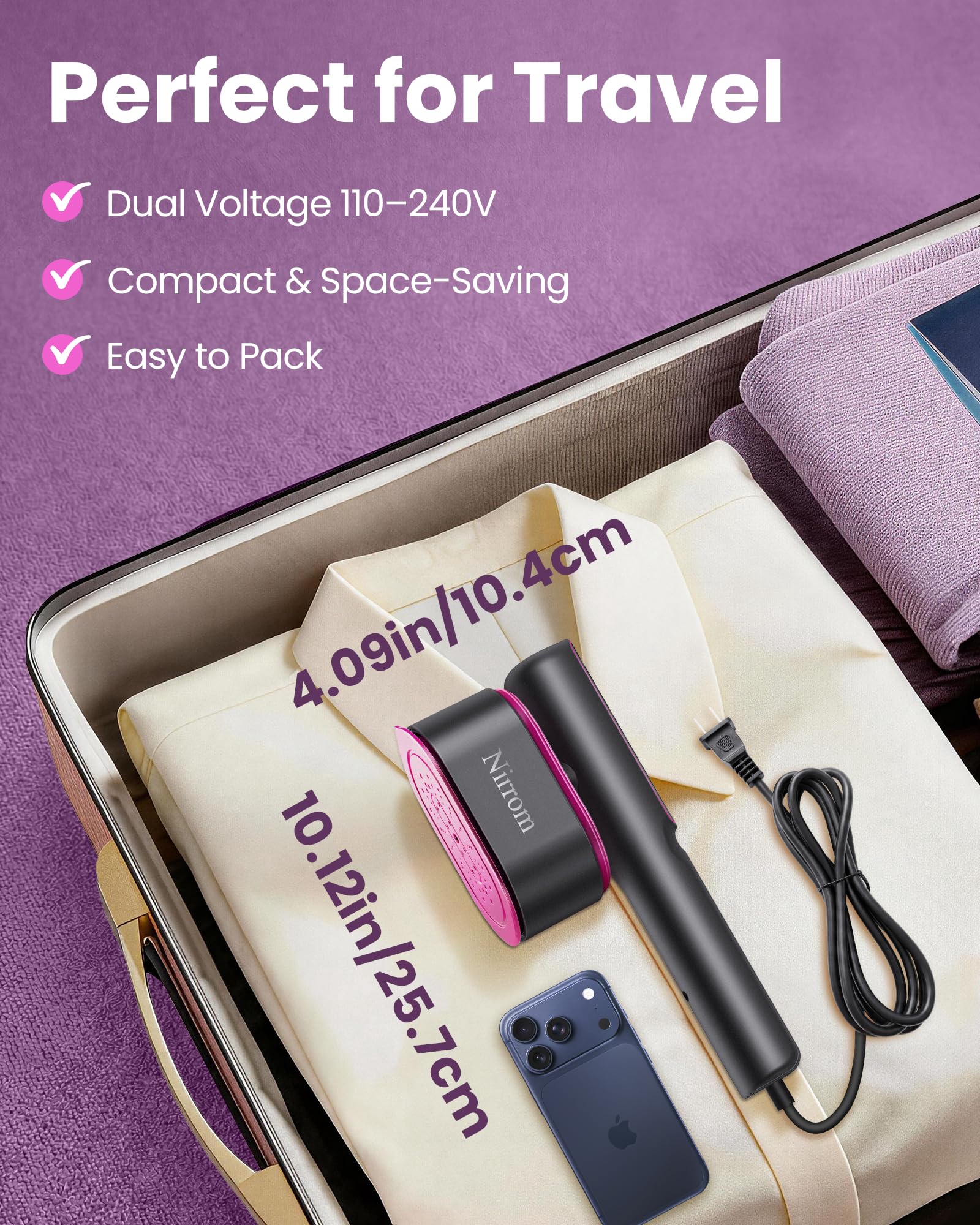 Vaporizador de viaje para ropa, voltaje dual de 110-240 V, 1200 W de calor rápido en 15 segundos, vaporizador portátil de ropa y plancha 2 en 1 con tanque de 140 ml y 5 ajustes de tela para
