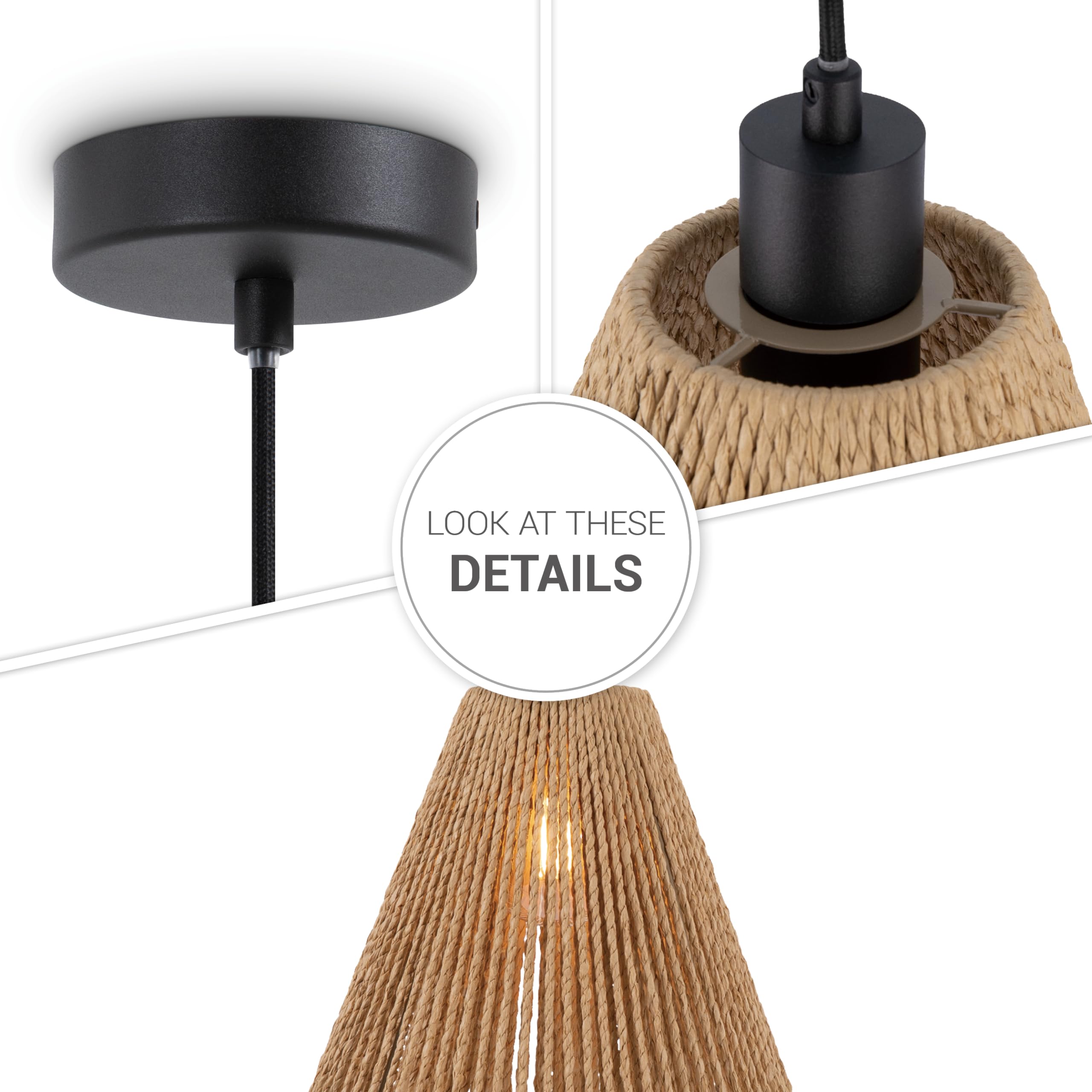 Paco Home LED Pendellampe Wohnzimmer Pendelleuchte Esszimmer Hängeleuchte Küche Lampenschirm Papier Deko Boho Style E27, Farbe:Schwarz, Leuchtenart/Farbe:Typ 3