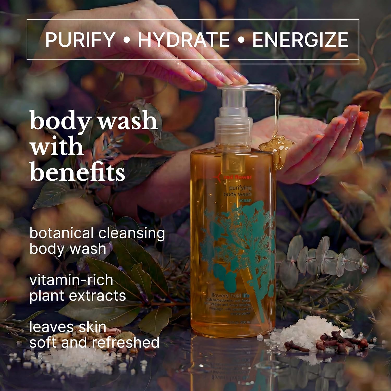 Red Flower Ocean Purifying Body Wash – Cleanse & Hydrate Botanical Shower Gel with Organic Fruit & Leaf Extracts for Hydrated, Radiant Skin (10 oz)