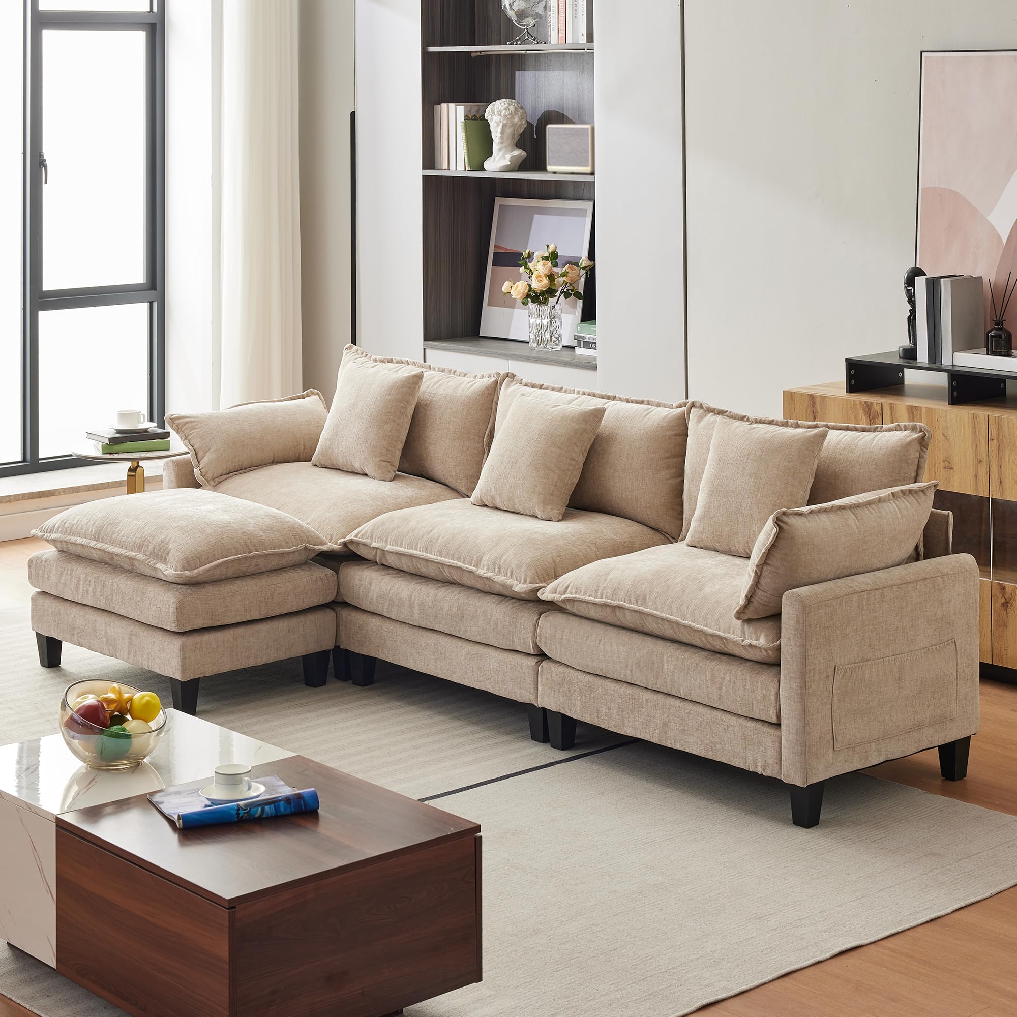 OUTGOODS 112" Modular Sectional Sofa, L-Shape Cloud Couch/Deep Seat/Armrest/Plush Corduroy Fabric, No Assembly Required, Space-Saving, 170 Pounds
