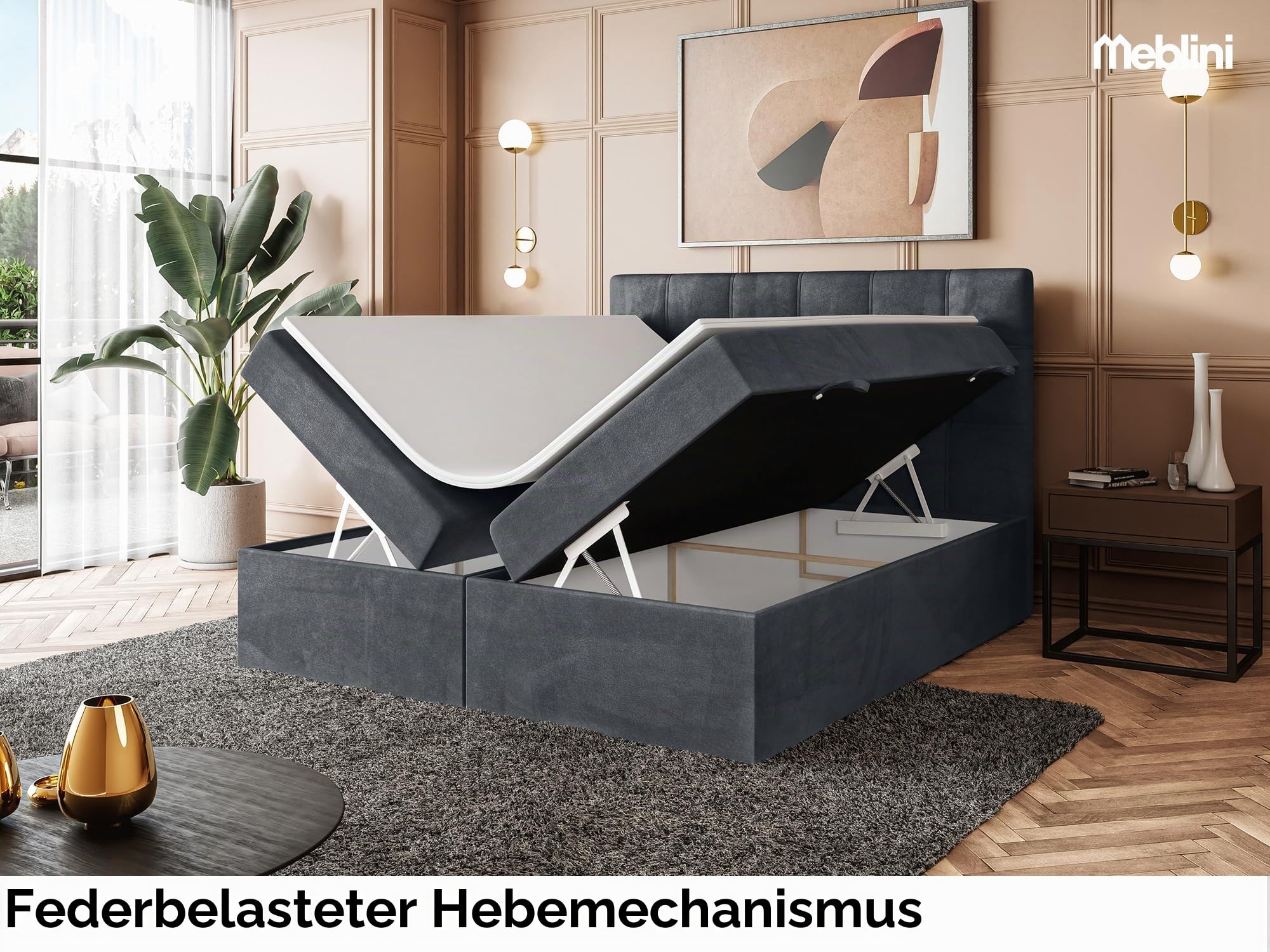 MEBLINI Boxspringbett mit Bettkasten - 160x200 - Gepolstert Doppelbett mit Matratze und Topper - Polsterbett mit Stauraum - Bett mit Kopfteil - Kai - H3/Dunkelgrau Samt
