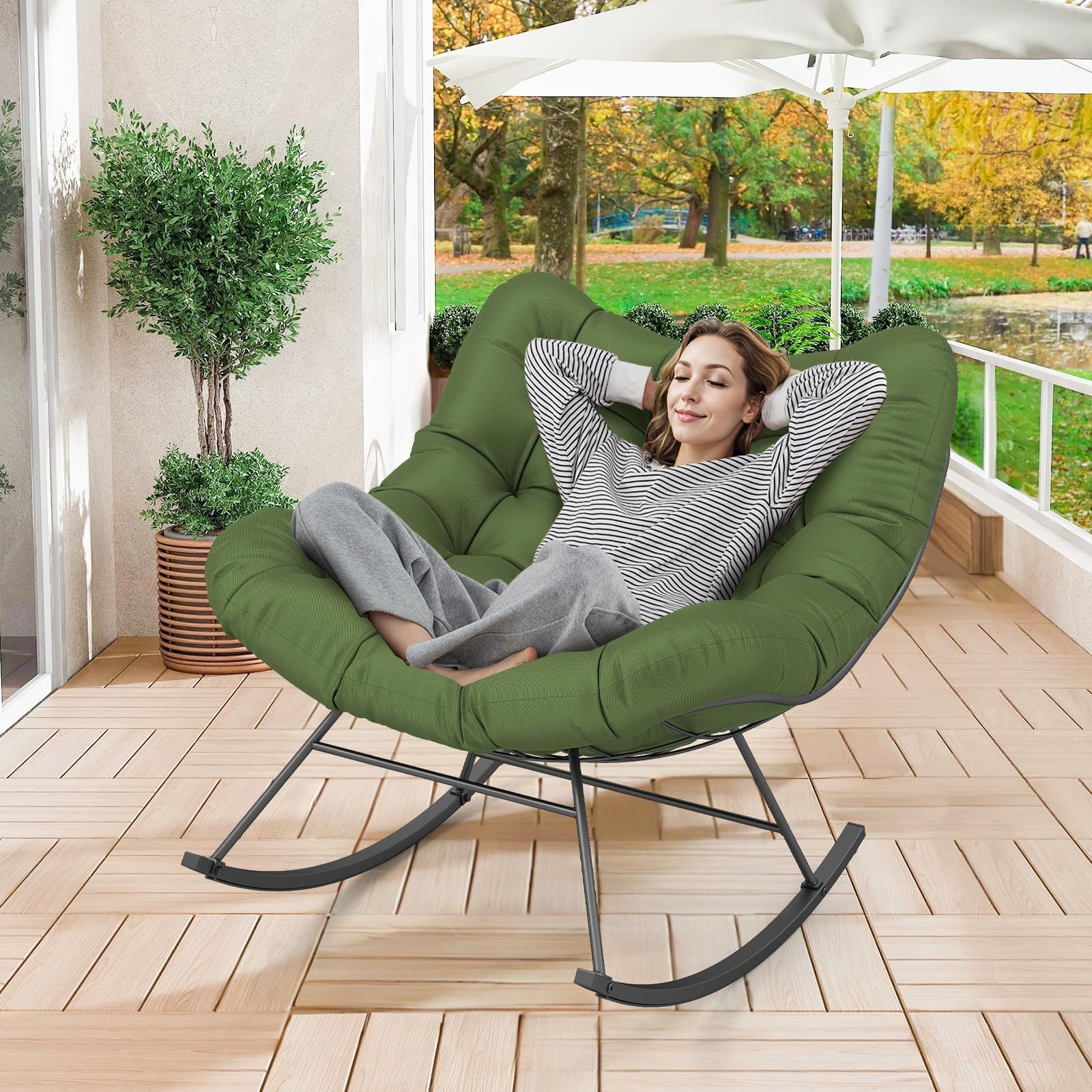 GIANTEX Sedia a dondolo Oversize, Sedia Papasan a forma di uovo con cuscino spesso, poltrona a dondolo per interni ed esterni, carico 205 kg, per giardino, terrazza, grigio (Verde)