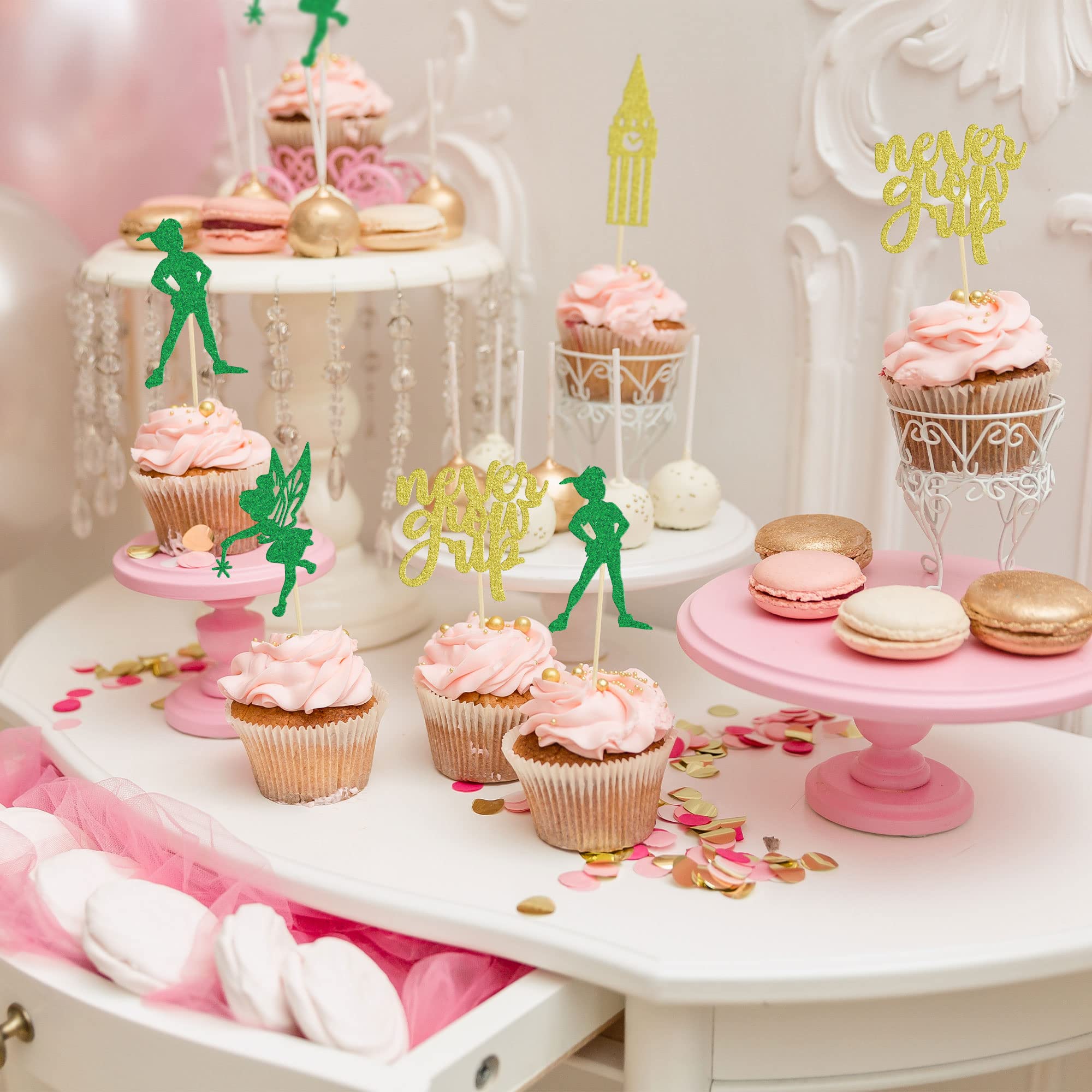 Gyufise Cupcake Topper „Never Grow Up“ – 24 Stück, Grün/gold Glitzer, Für Babyparty & Geburtstage