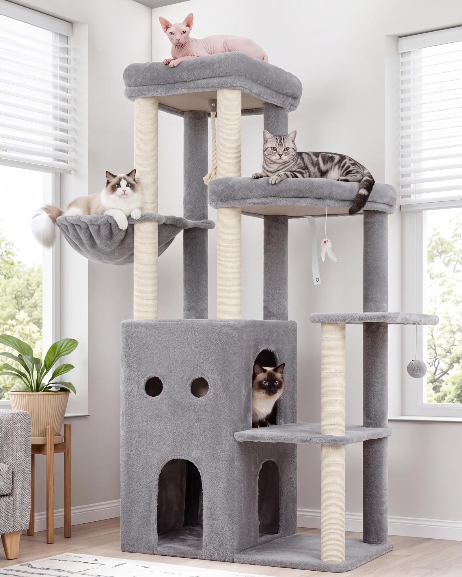 Heybly Arbre à Chat pour Grands Chats 151cm 2 Niches et Perchoirs HCT055W | Base Élargie 76 x 43 cm, Hamac Suspendu, 6 Poteaux en Sisal, Sangle Anti-Basculement, Pour l’Intérieur, Gris Clair