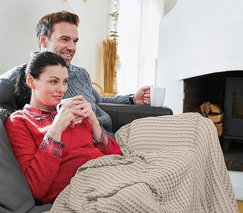 Miniatura 6 de Utopia Bedding Manta de punto gofre 100% de algodón caqui, 300 GSM, tamaño Queen, 90 x 90 pulgadas, suave, ligera, transpirable, para todas las