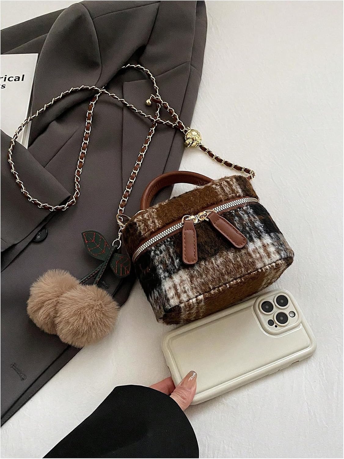 MakeMeChic Women's Fuzzy Cherry Tweed Shoulder Bag Top Handle Retro Cute Satchel Handbags - Image 3