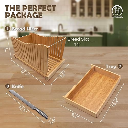 Miniatura 3 de HoweEcom Cortador de pan de bambú, accesorios para pan casero, rebanador de pan con cuchillo, rebanador de pan ajustable con cuchillo de acero