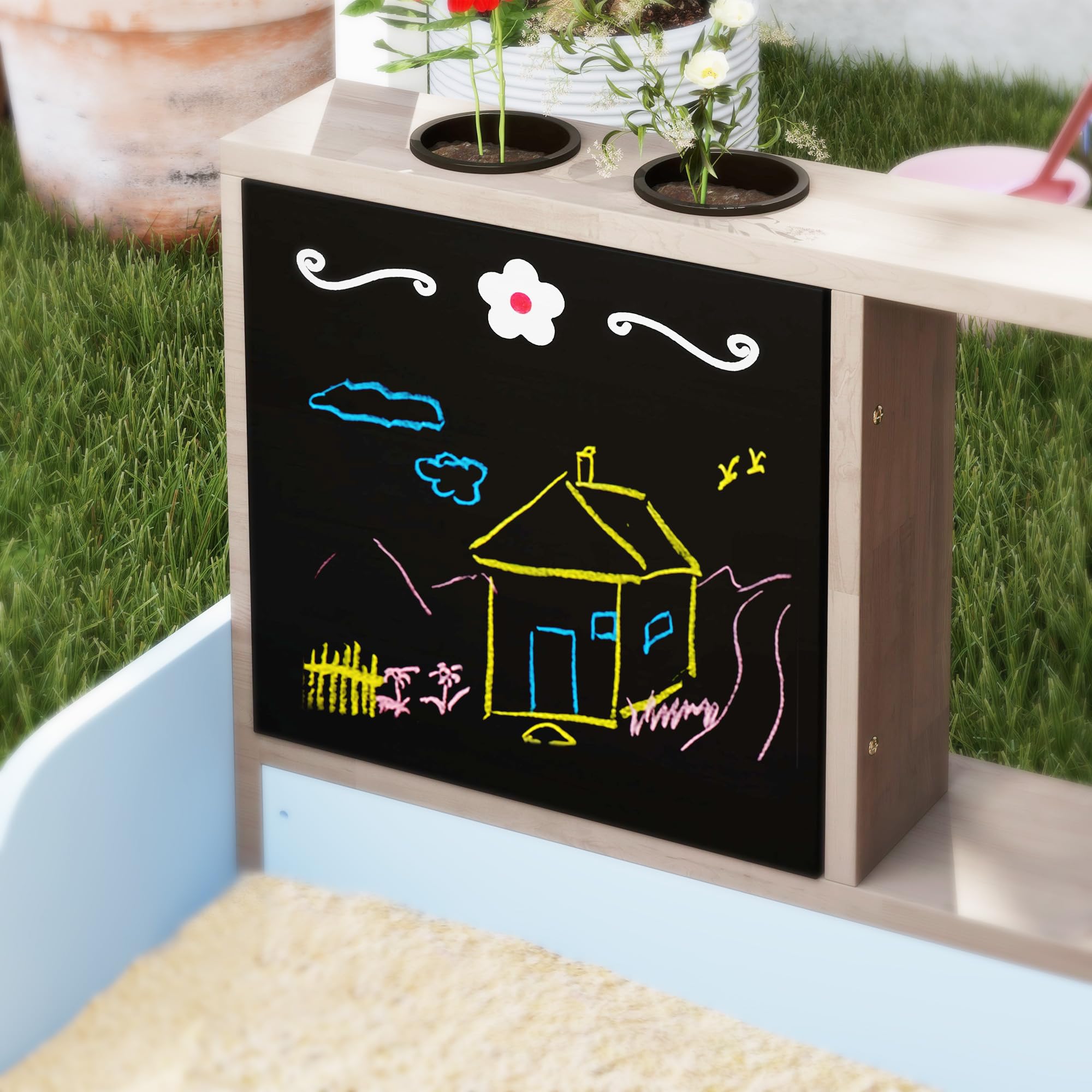 AIYAPLAY Sandkasten mit Abdeckung 90 x 120 cm aus Massivholz Imprägniert Kinder Sandbox mit Sitzbänken Zeichentafel, Pflanzkästen, Matschküche, Sandkiste für Outdoor Balkon Garten