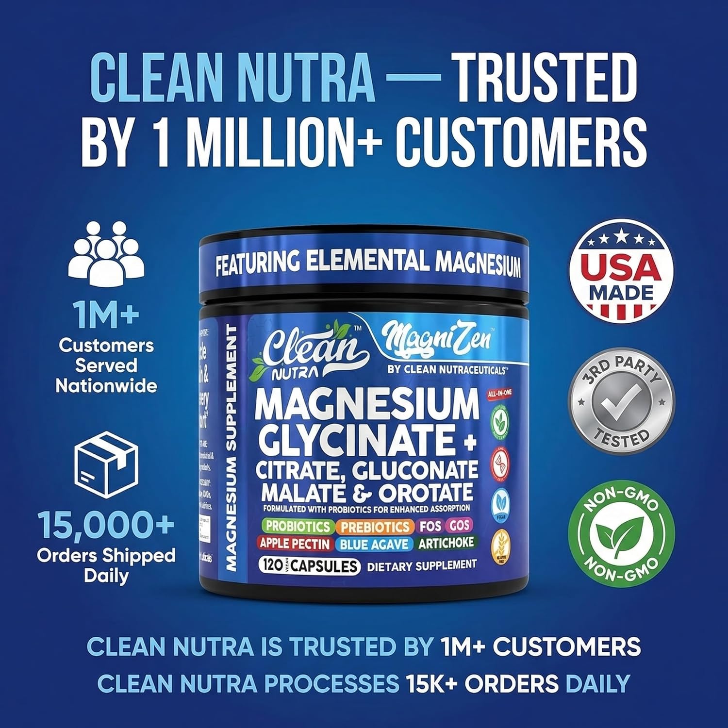 Clean Nutra Magnesium Glycinate Citrate Malate Orotate Taurate Supplement Complex + 10 Strain Probiotic Prebiotics FOS GOS Inulin Sleep Calm Support Apple Pectin – 120 Vegan Capsules